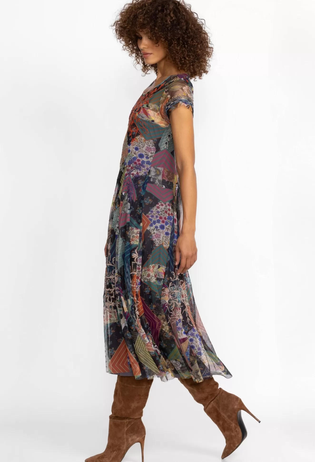 Dresses>Johnny Was Mazzy Godet Short Slv Dress Multi