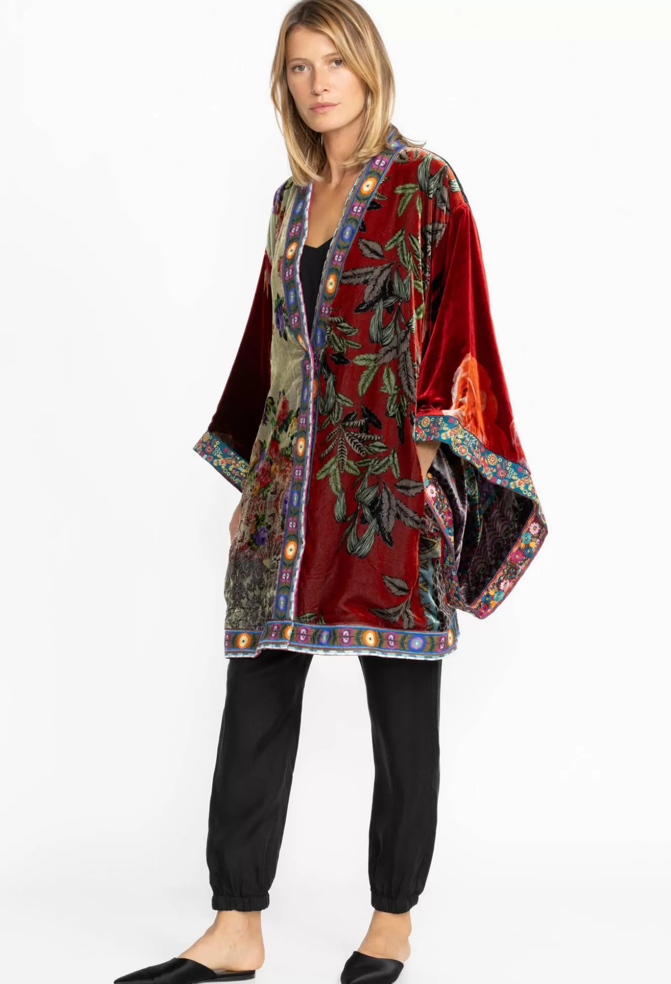 Kimonos>Johnny Was Midi One Of A Kind Velvet Kimono- Red Multi