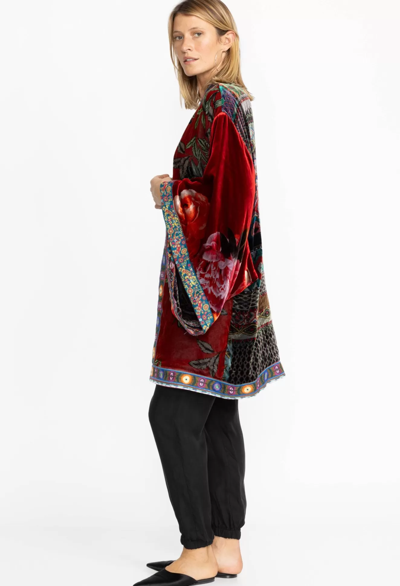 Kimonos>Johnny Was Midi One Of A Kind Velvet Kimono- Red Multi