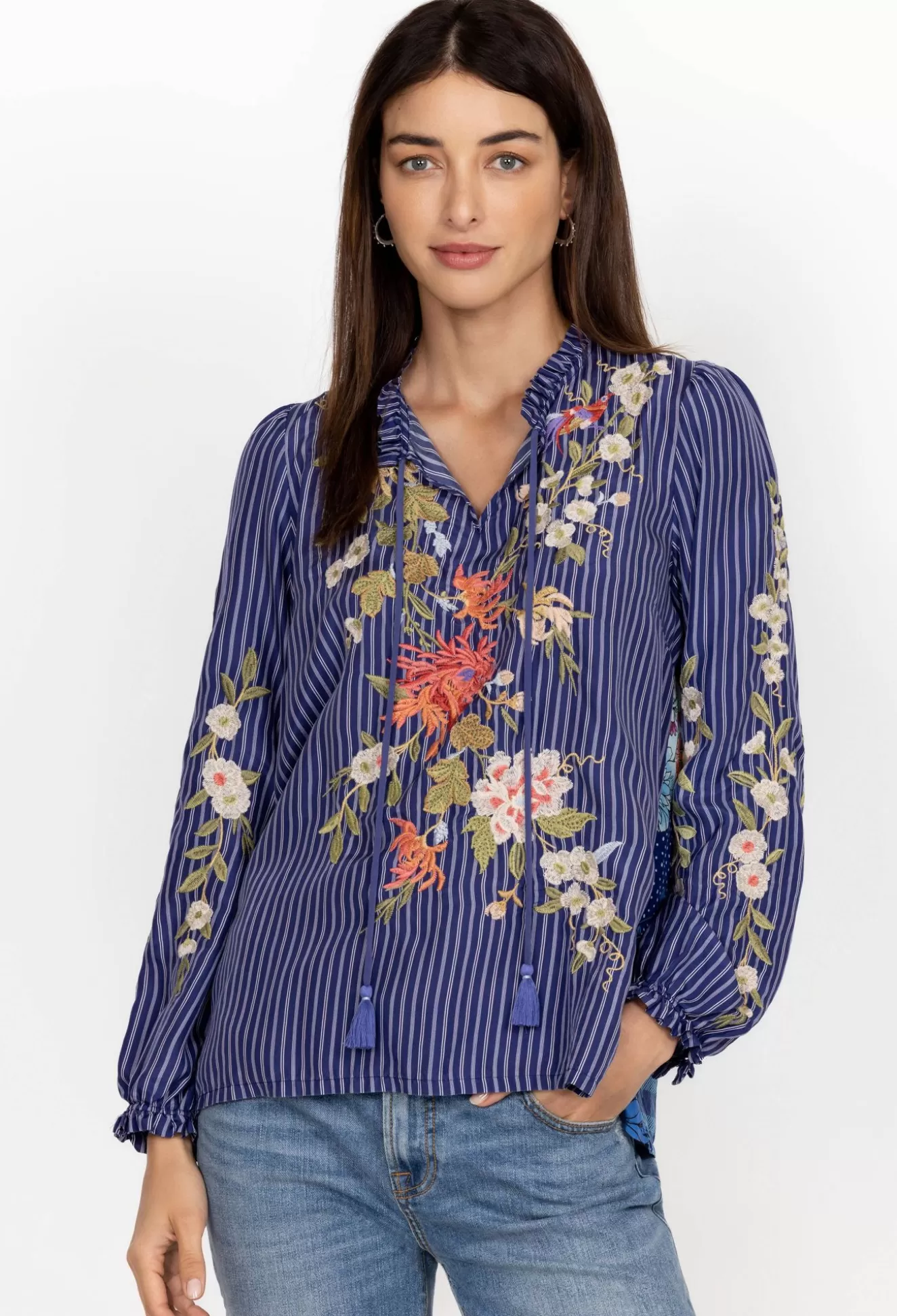 Tops>Johnny Was Nalina Ruffle Scarf Back Blouse Stripe