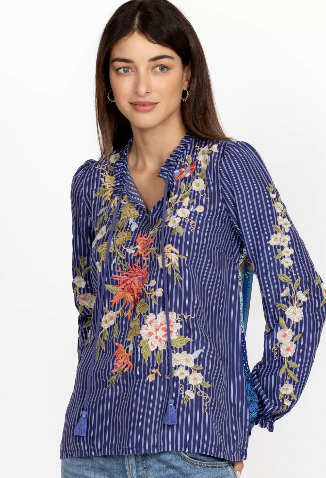 Tops>Johnny Was Nalina Ruffle Scarf Back Blouse Stripe