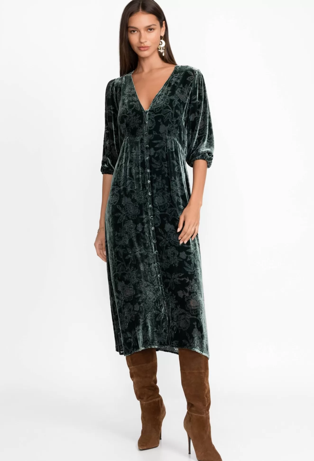 Dresses>Johnny Was Natalia Silk Midi Dress Emerald Green