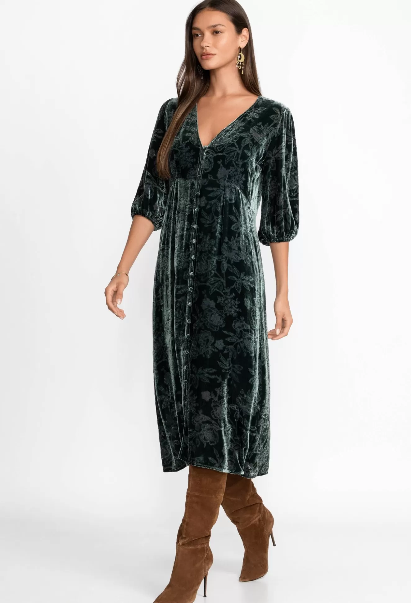 Dresses>Johnny Was Natalia Silk Midi Dress Emerald Green