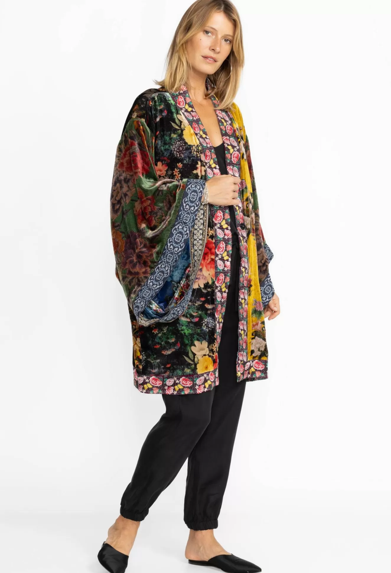 Kimonos>Johnny Was One Of A Kind Velvet Kimono- Black- Midi Multi