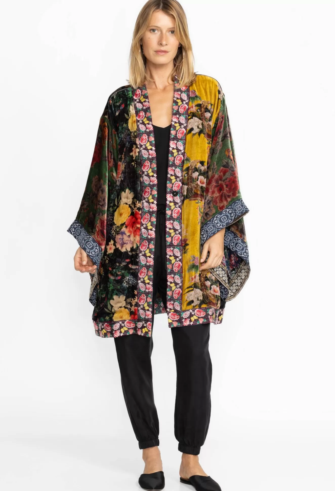 Kimonos>Johnny Was One Of A Kind Velvet Kimono- Black- Midi Multi