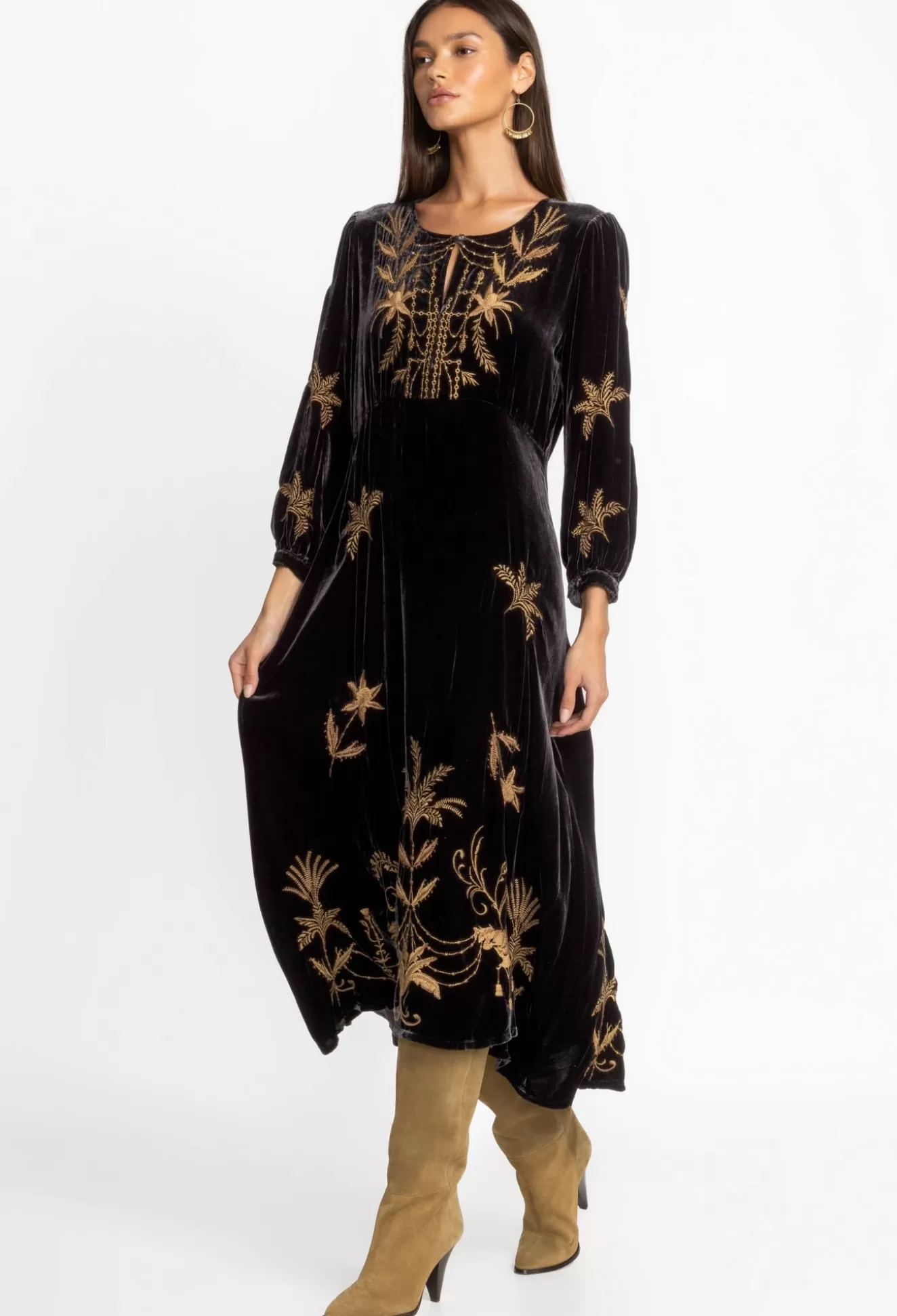 Dresses>Johnny Was Palmira Velvet Effortless Midi Dress Black