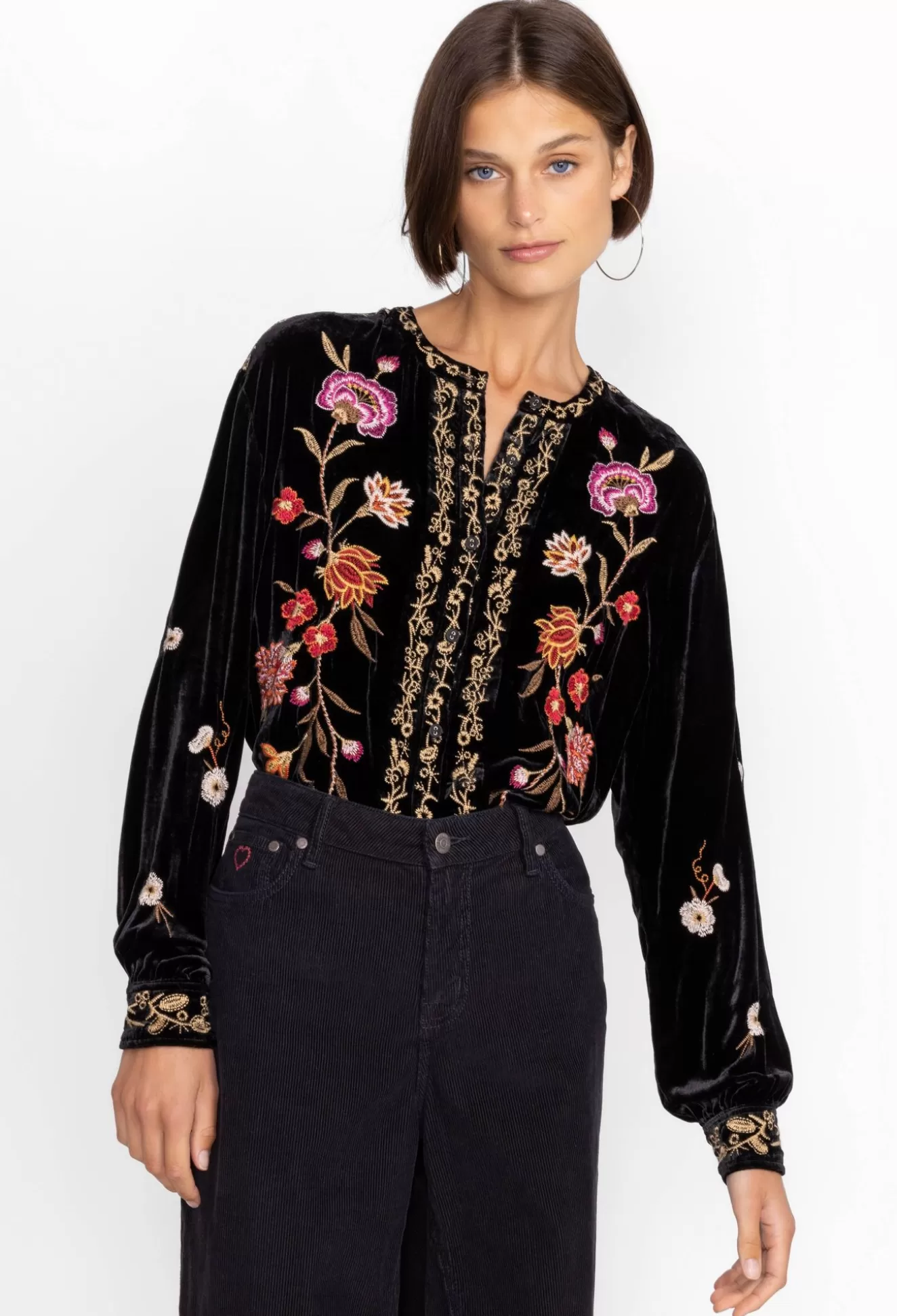 Tops>Johnny Was Quinn Velvet Mandarin Shirt Black