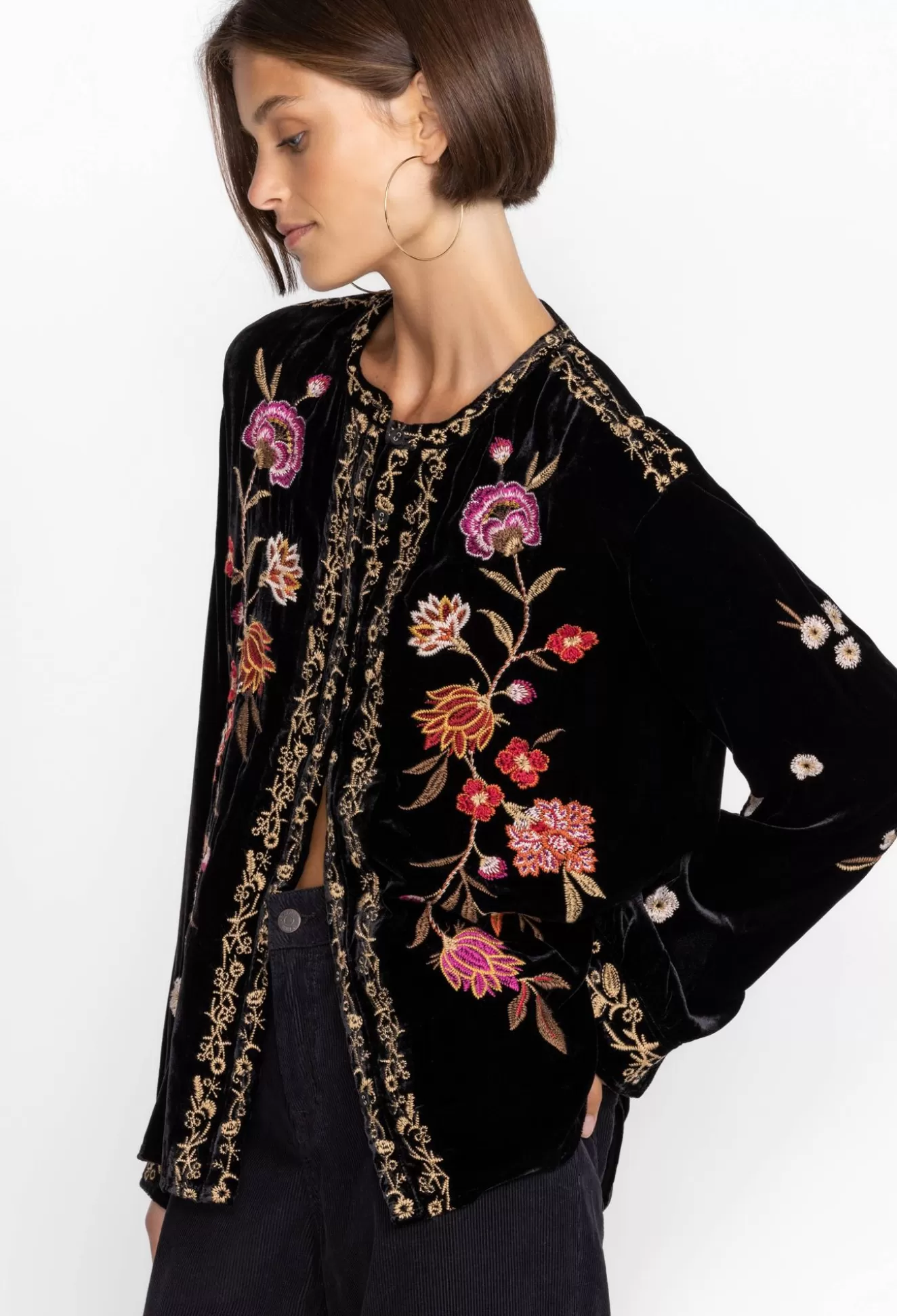 Tops>Johnny Was Quinn Velvet Mandarin Shirt Black