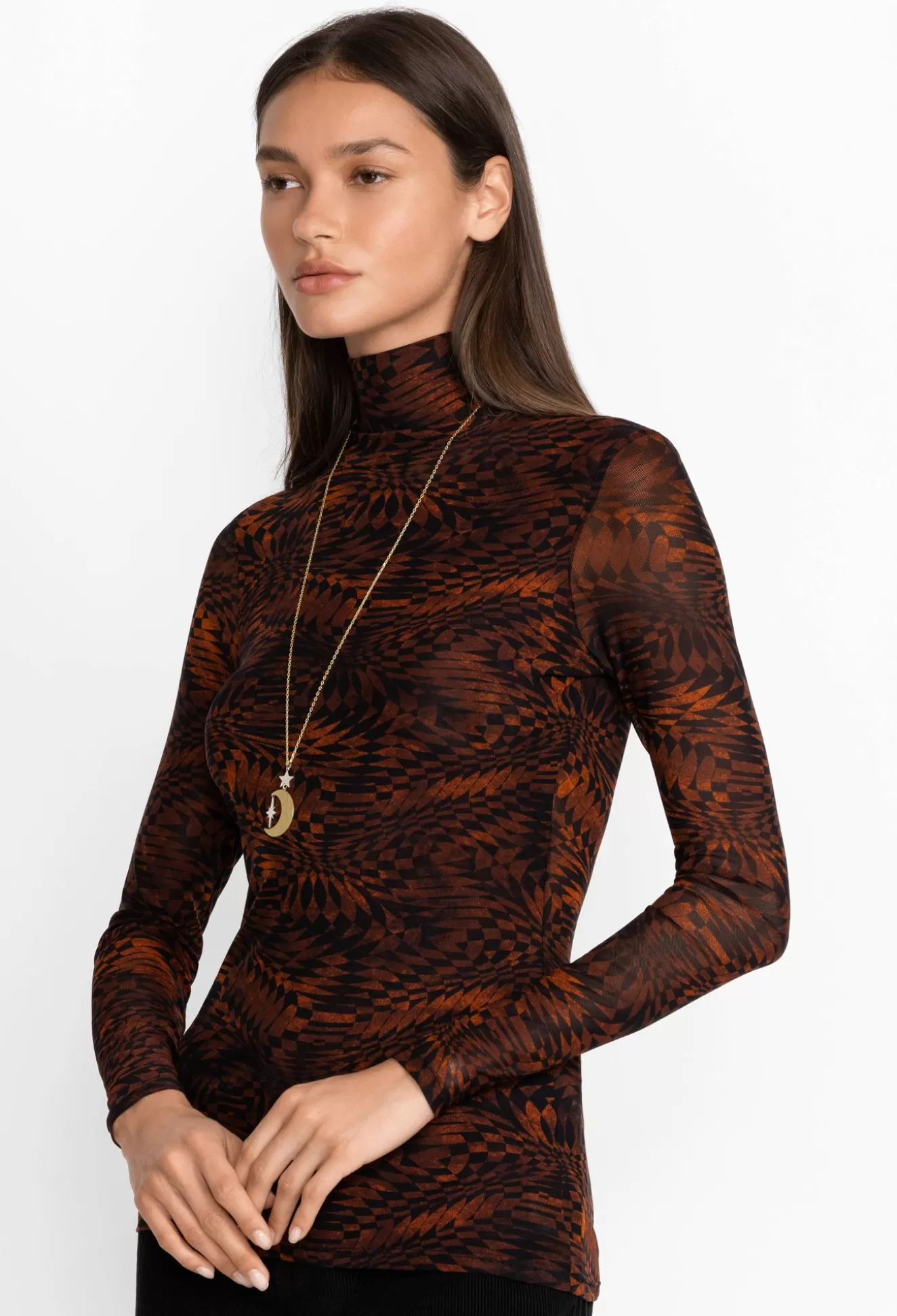Tops>Johnny Was Rebecca Mesh Mock Neck Long Sleeve Tee Multi