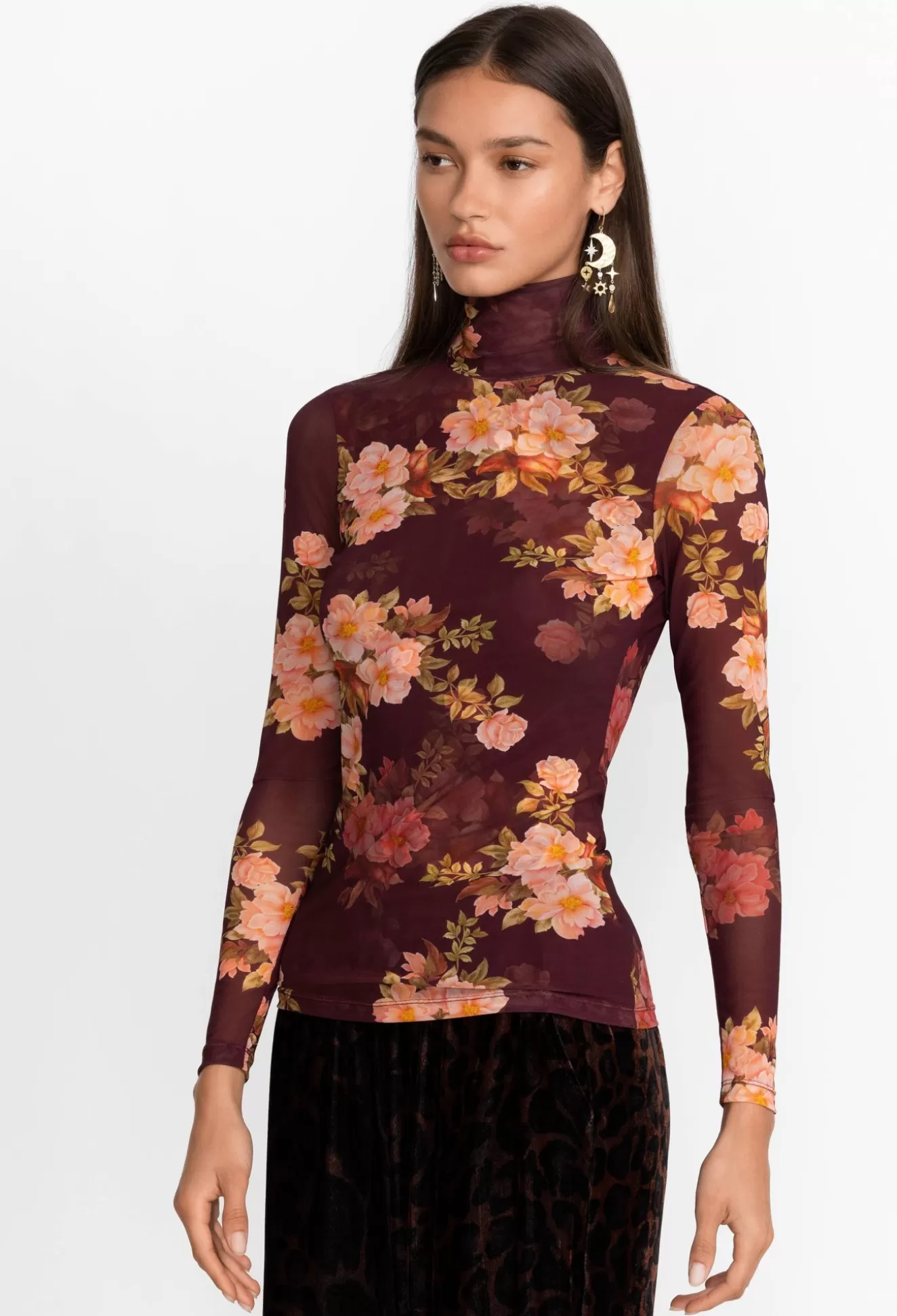 Tops>Johnny Was Rebecca Mesh Mock Neck Long Sleeve Tee Mesh Tee Winonna