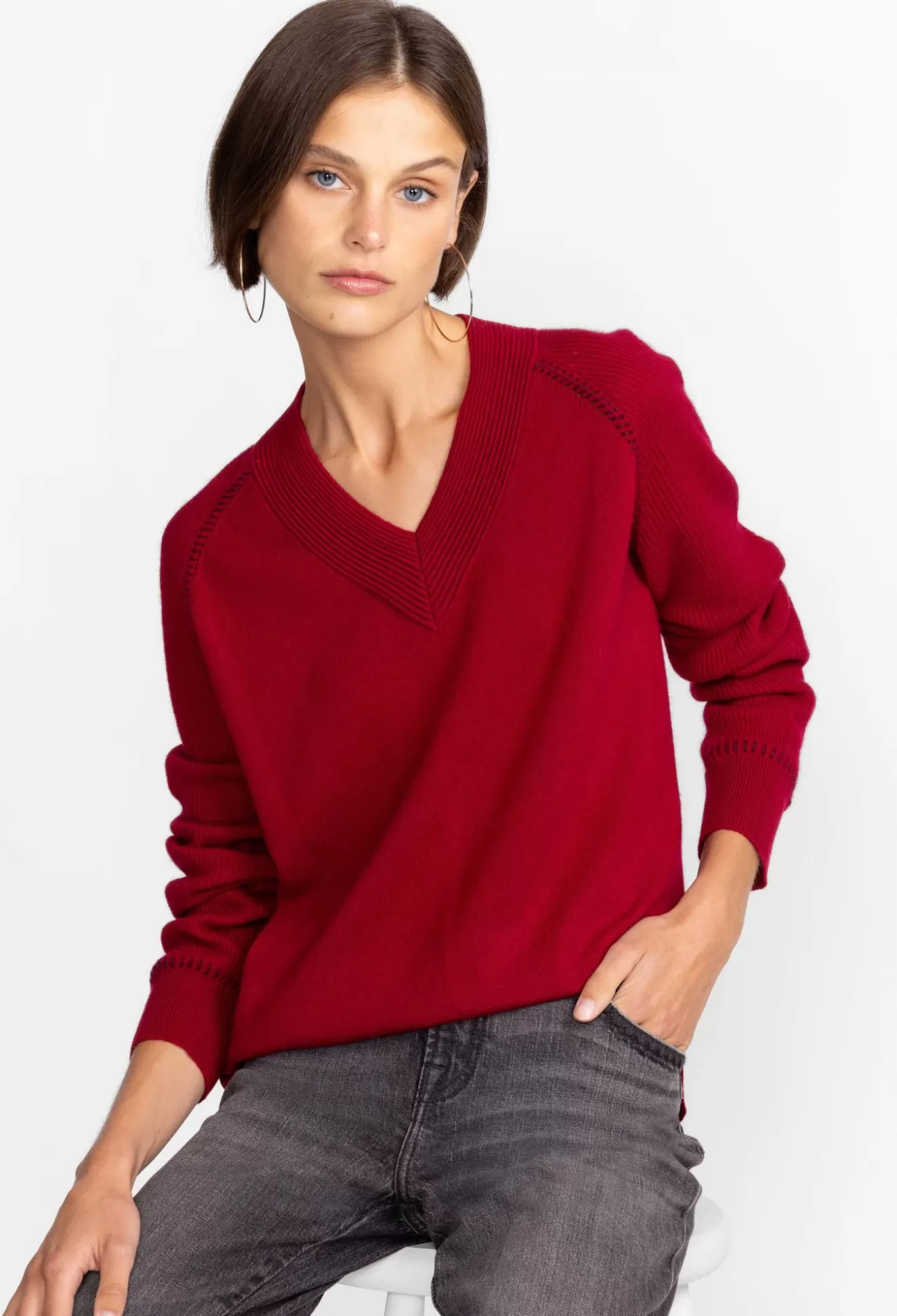 Outerwear>Johnny Was Sally Cashmere Whipstitch Sweater Red