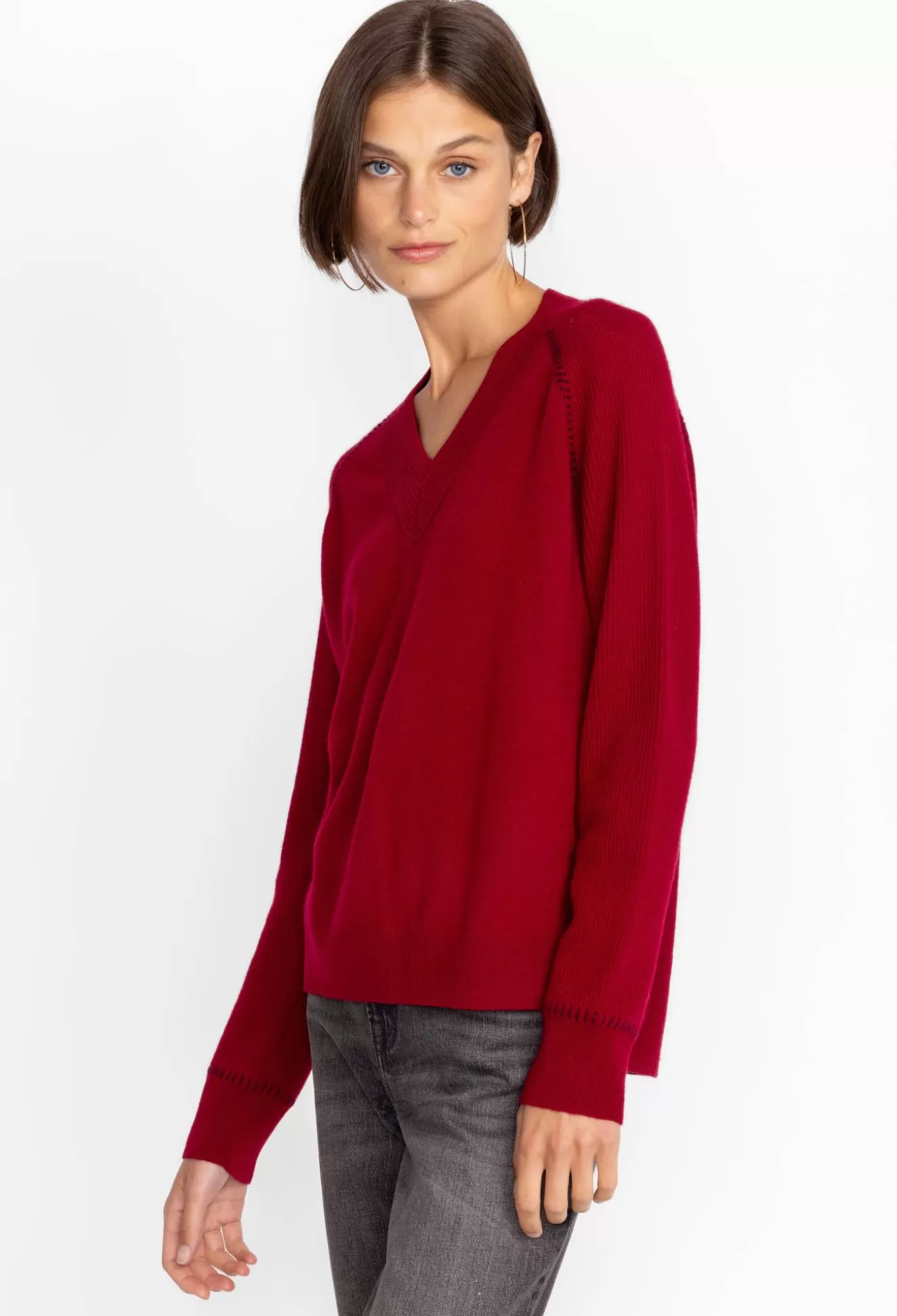 Outerwear>Johnny Was Sally Cashmere Whipstitch Sweater Red