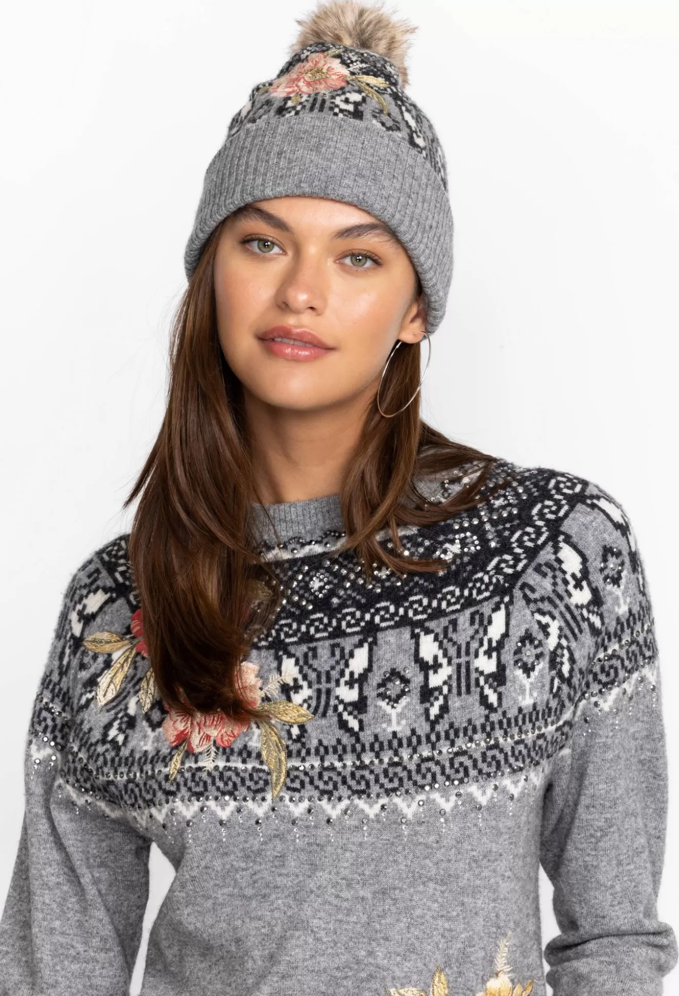 Fashion Accessories>Johnny Was Sammy Fairisle Beanie Charcoal