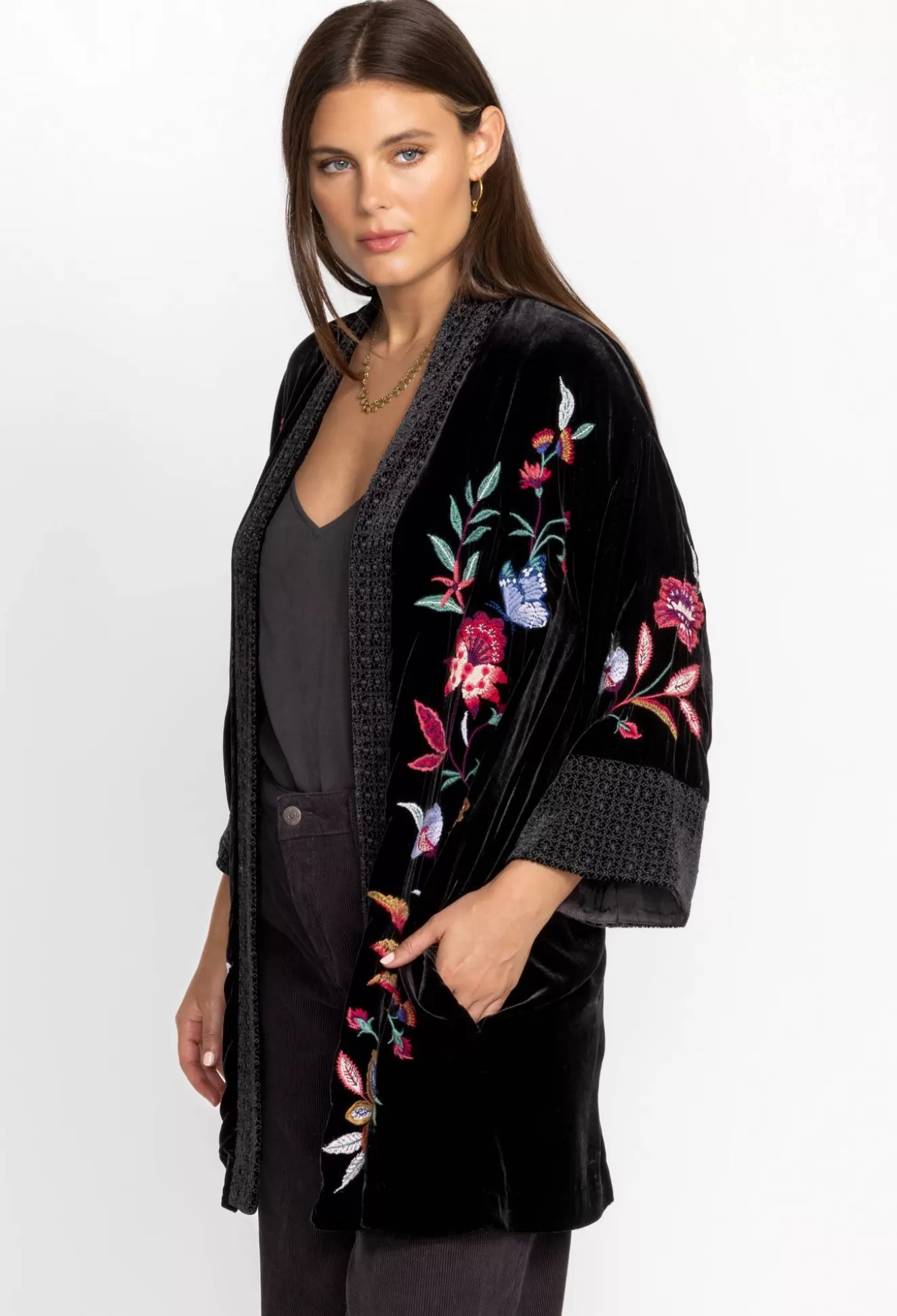 Kimonos>Johnny Was Sandra Wide Cuff Velvet Kimono Black