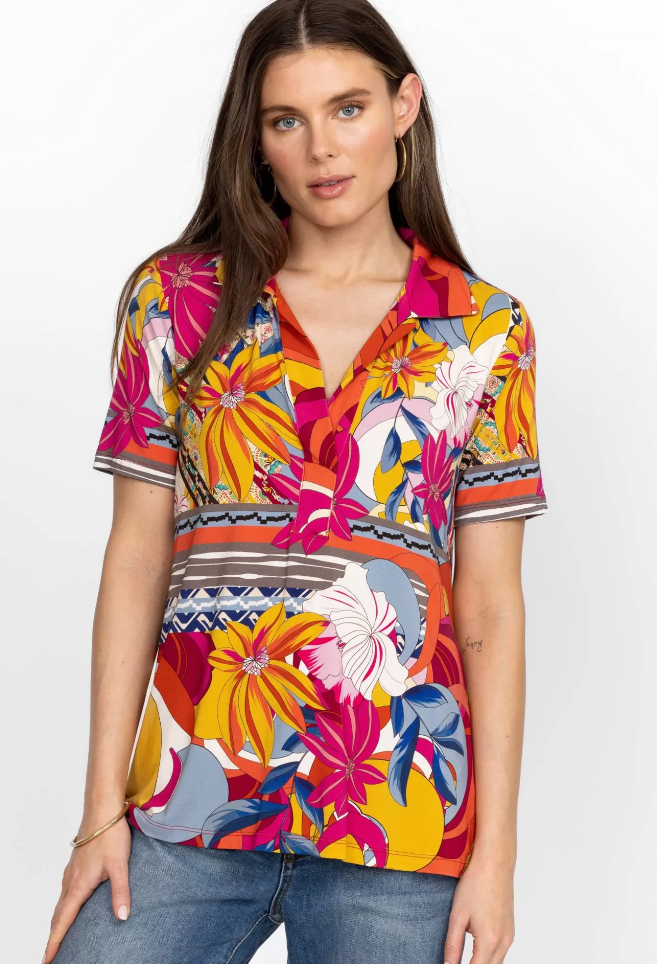 Tops>Johnny Was Short Sleeve Swing Polo Rachel May