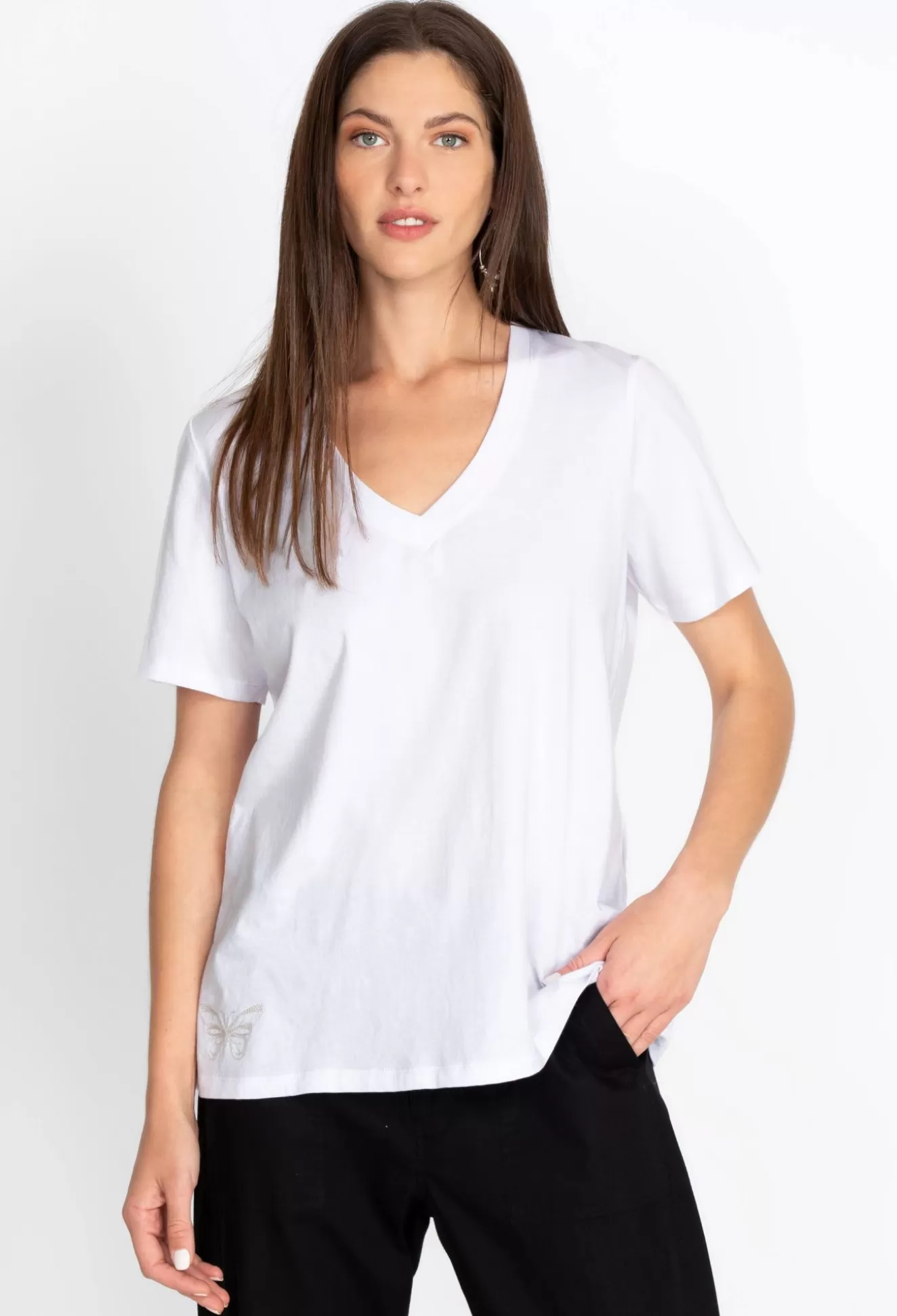 Tops>Johnny Was Short Sleeve V-Neck Layering Tee Black
