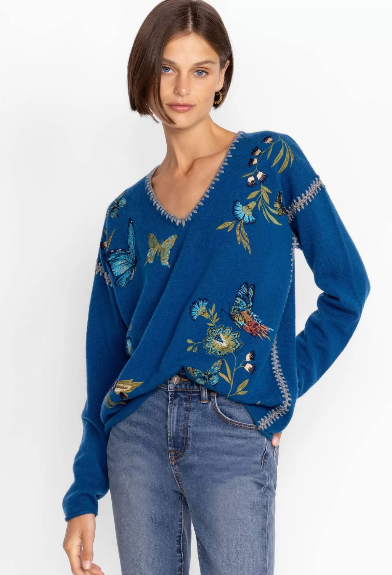 Outerwear>Johnny Was Sidona Cashmere Whipstitch Sweater Blue