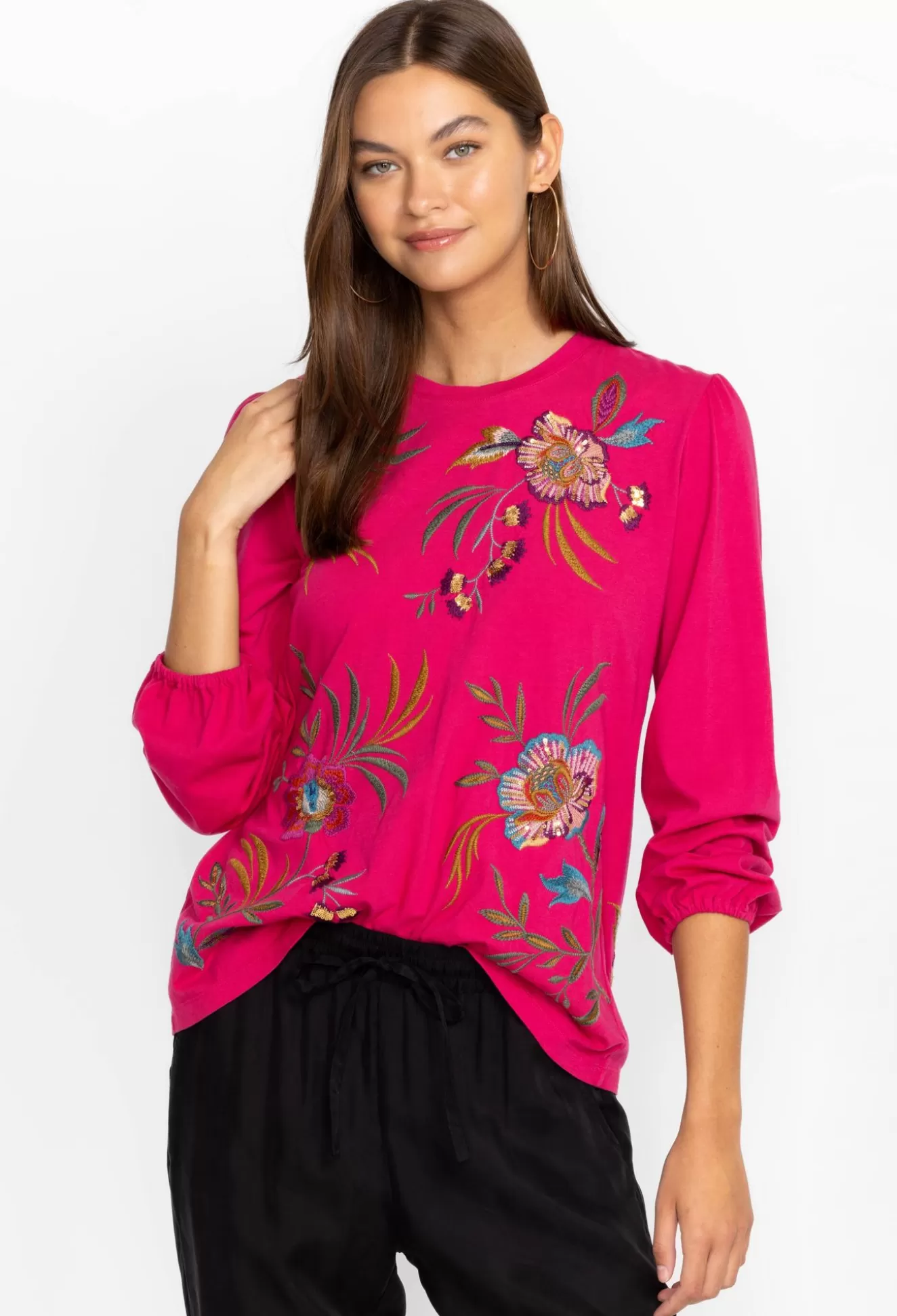 Tops>Johnny Was Sidonia Bishop Sleeve Sequin Tee Black