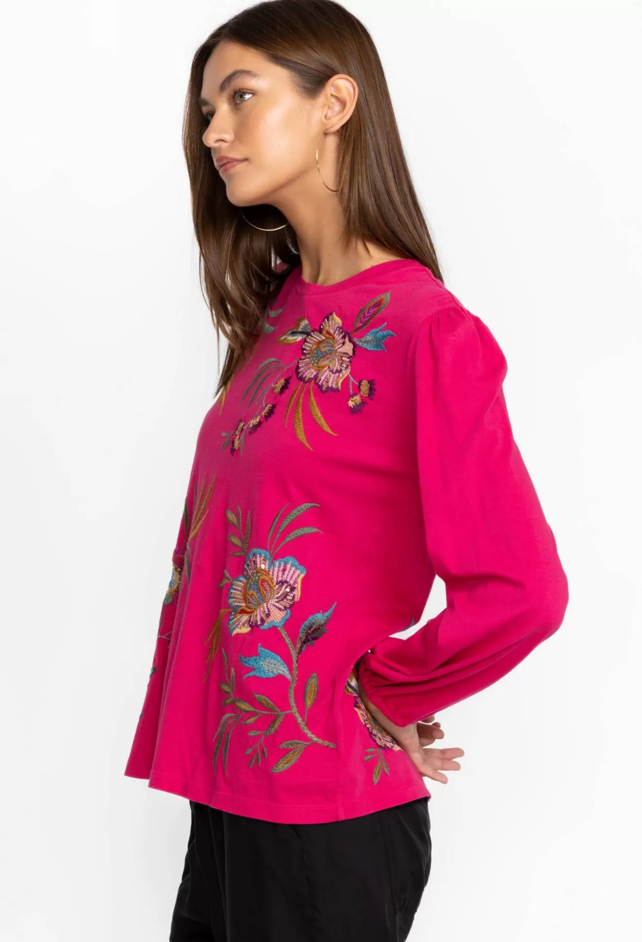 Tops>Johnny Was Sidonia Bishop Sleeve Sequin Tee Black