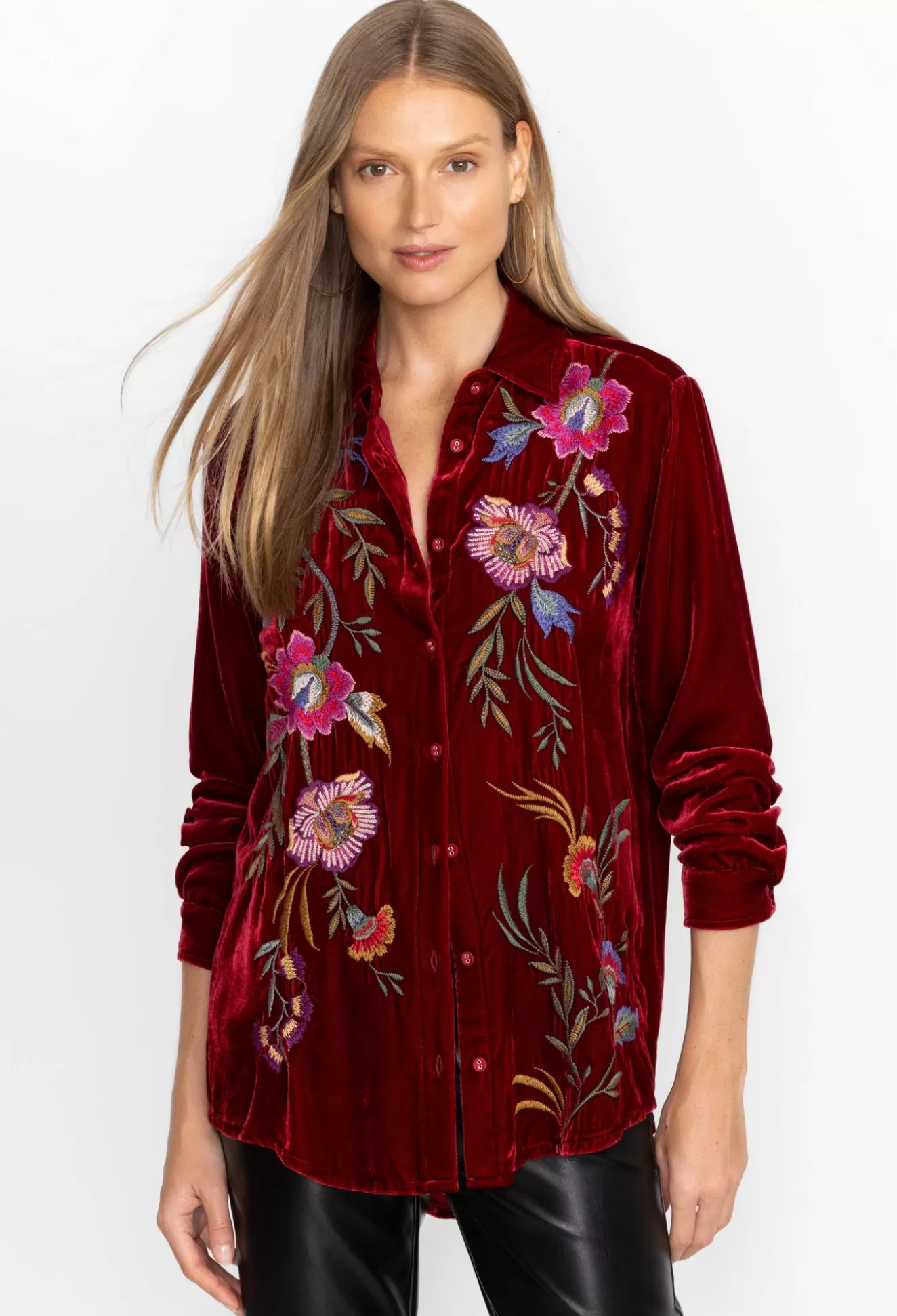 Tops>Johnny Was Sidonia Velvet Oversized Pleat Shirt Black