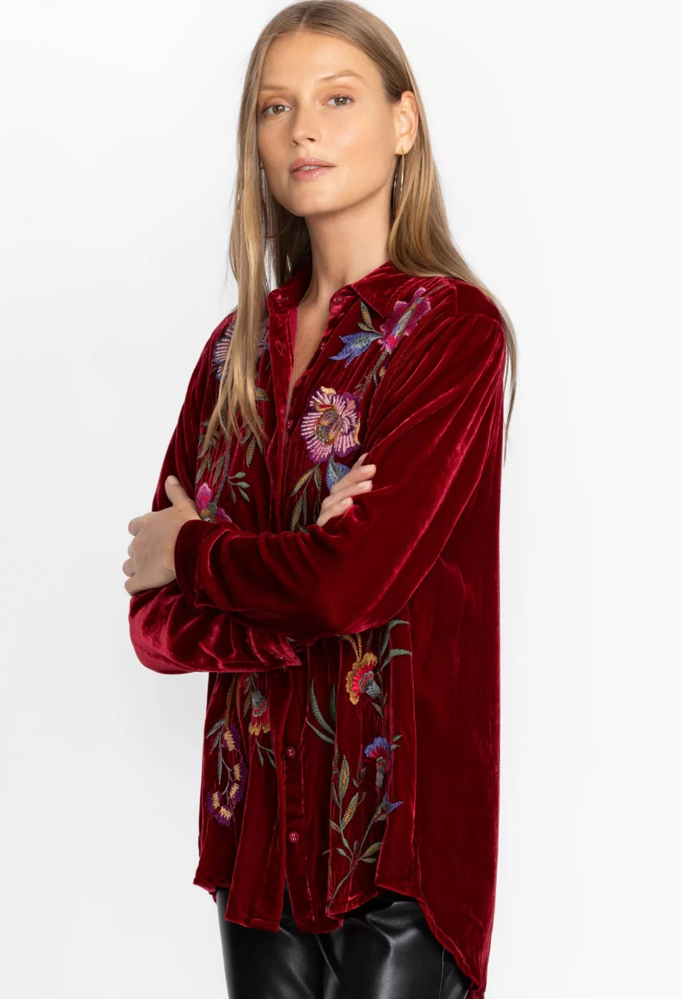 Tops>Johnny Was Sidonia Velvet Oversized Pleat Shirt Black