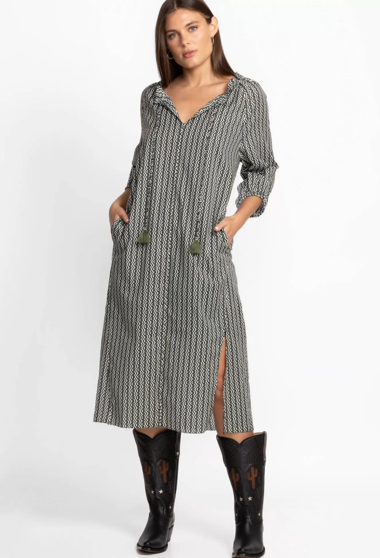 Dresses>Johnny Was Split Ruffle Neck Midi Multi