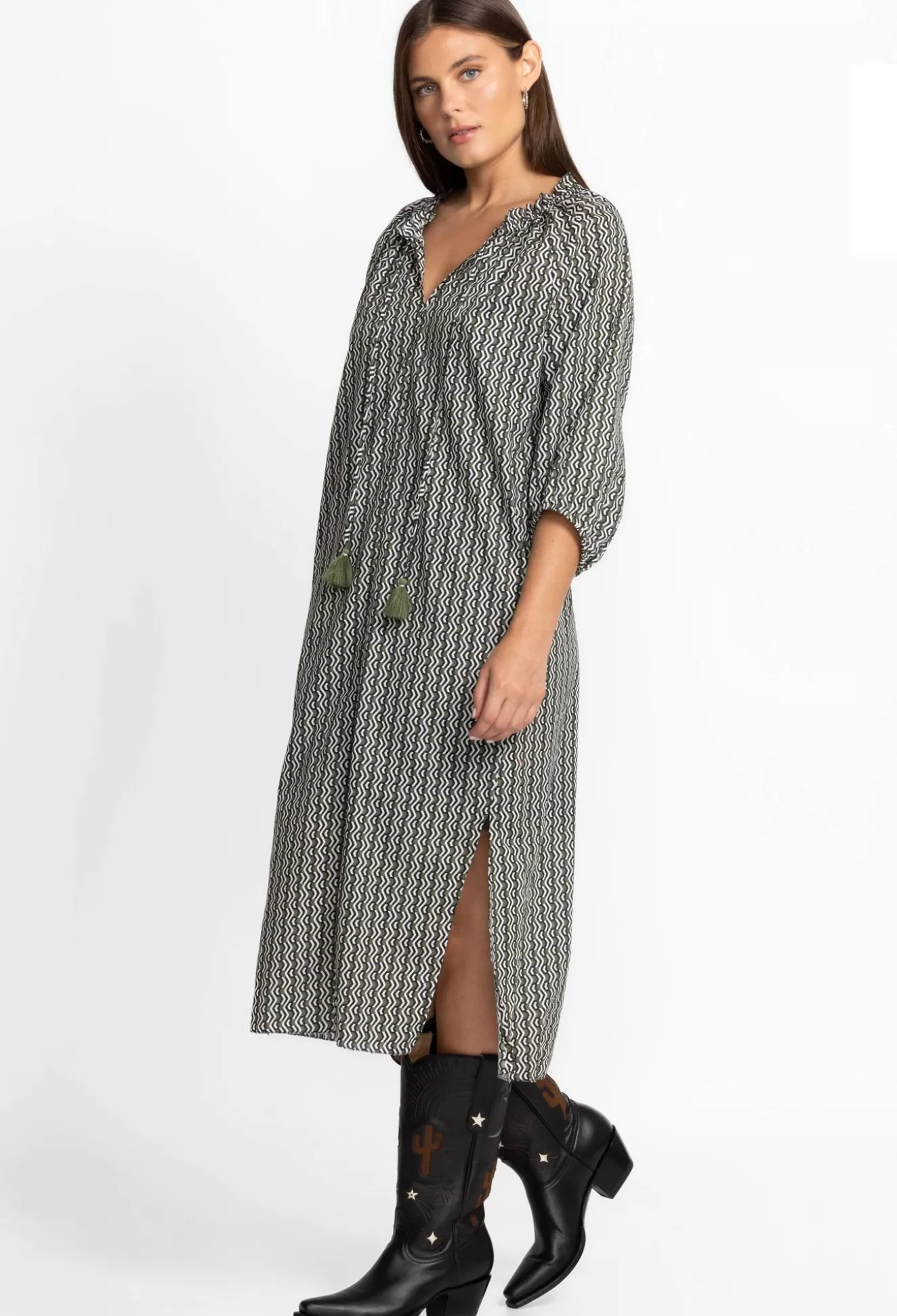 Dresses>Johnny Was Split Ruffle Neck Midi Multi