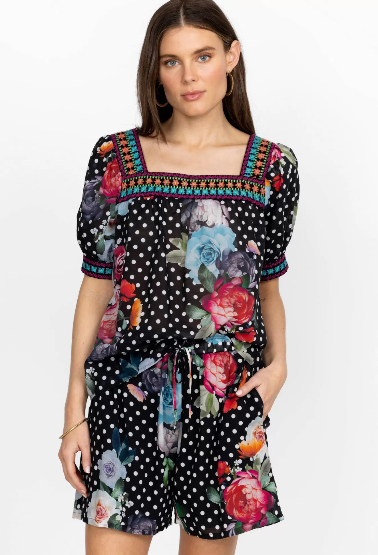 Tops>Johnny Was Square Neck Park Blouse Polkalona