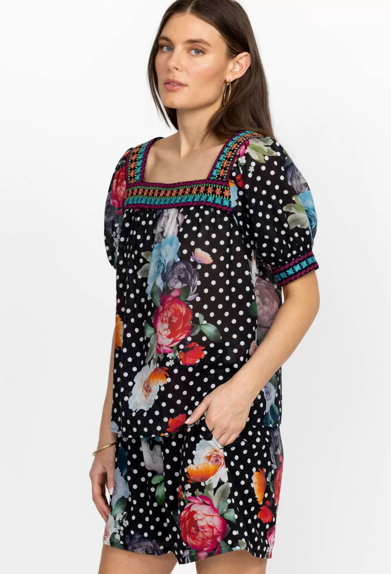 Tops>Johnny Was Square Neck Park Blouse Polkalona