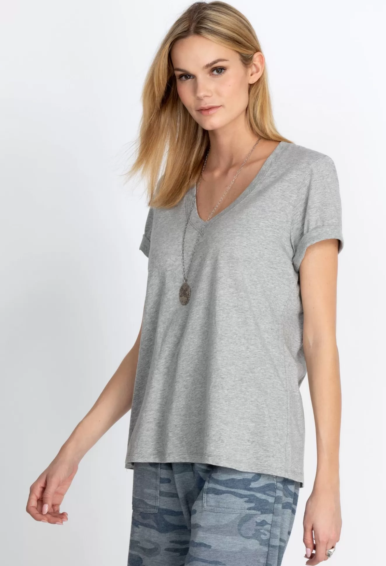 Tops>Johnny Was S/S V-Neck Layering Tee Heather Grey