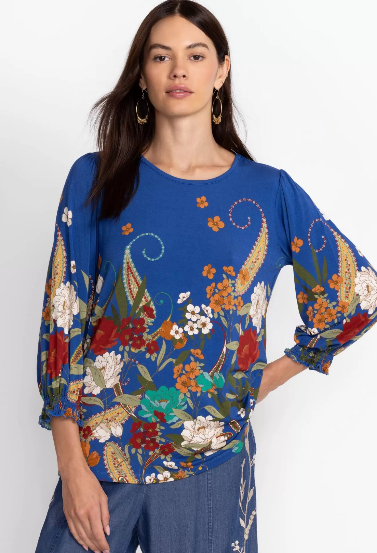 Tops>Johnny Was Tee Bee Smocked Sleeve Tee Teebee