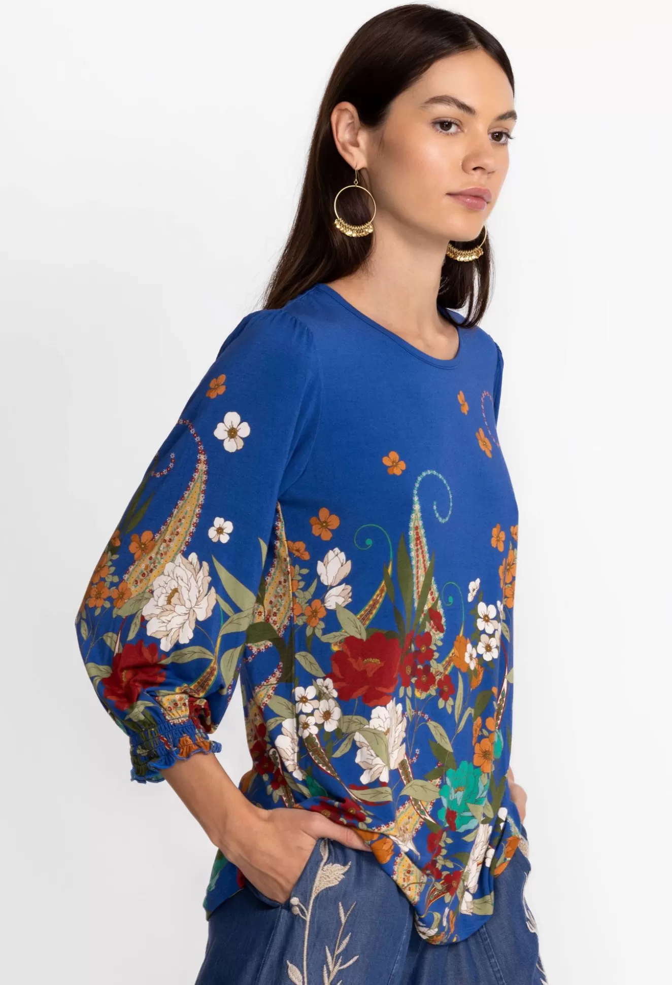 Tops>Johnny Was Tee Bee Smocked Sleeve Tee Teebee