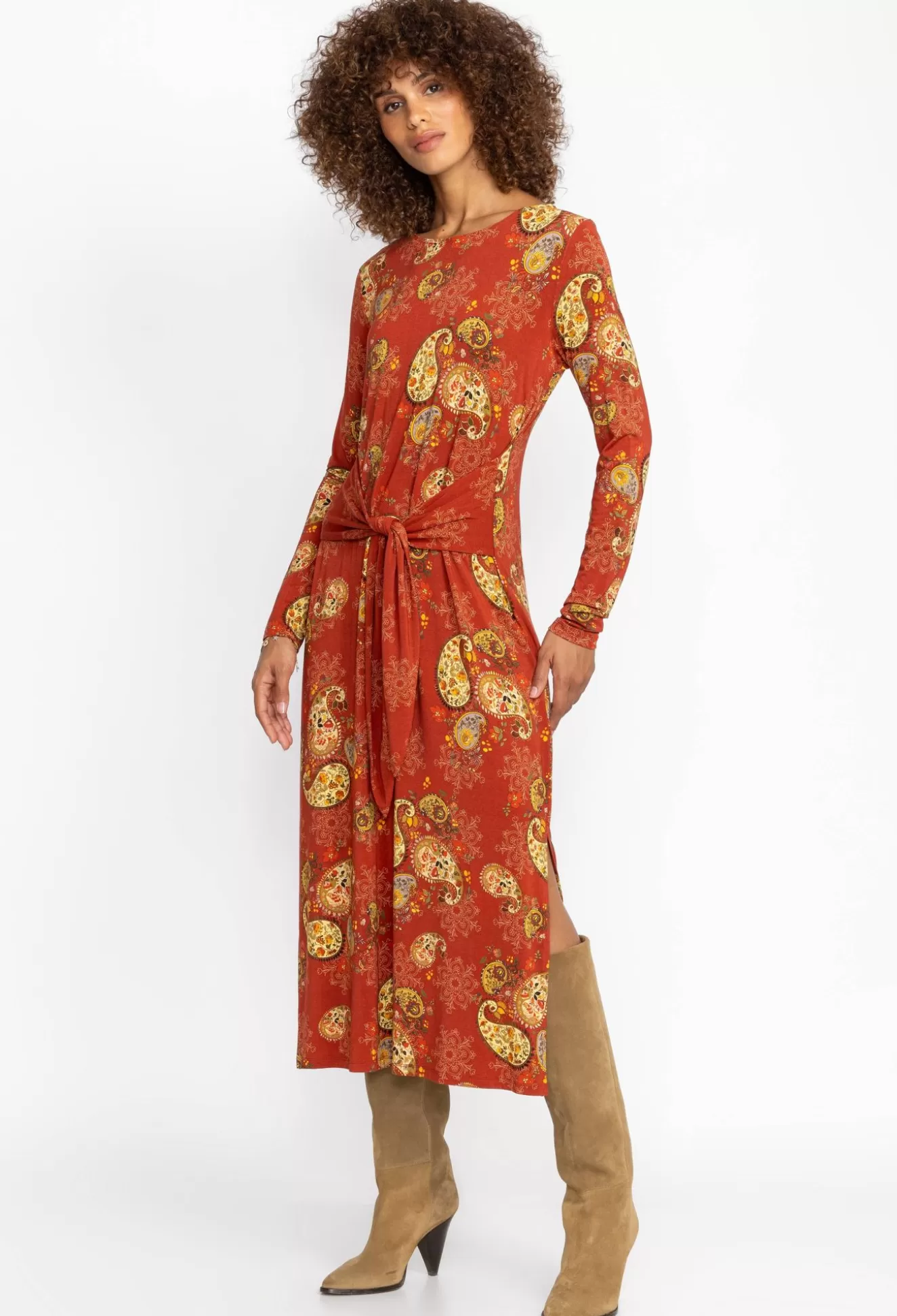 Dresses>Johnny Was The Janie Favorite Long Sleeve Tie Front Knit Dress Paisley Lace