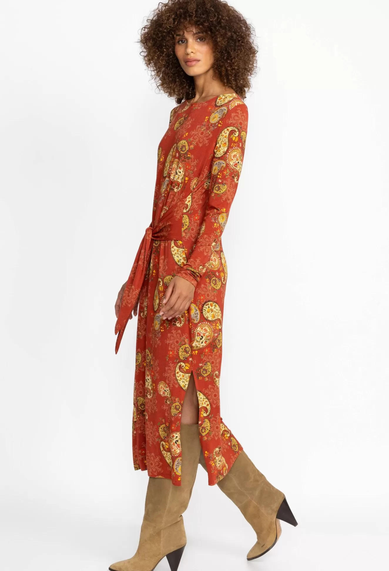 Dresses>Johnny Was The Janie Favorite Long Sleeve Tie Front Knit Dress Paisley Lace