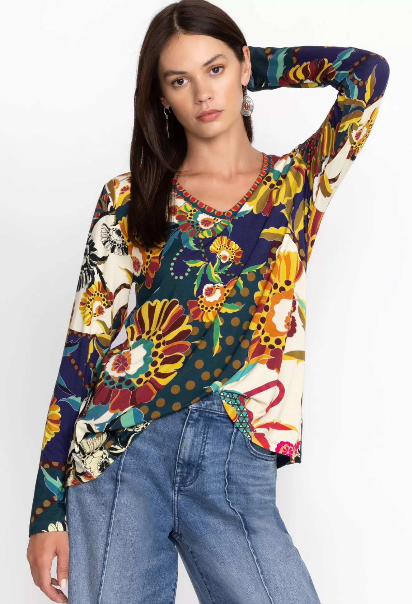 Tops>Johnny Was The Janie Favorite Long Sleeve V-Neck Swing Tee Kimbra