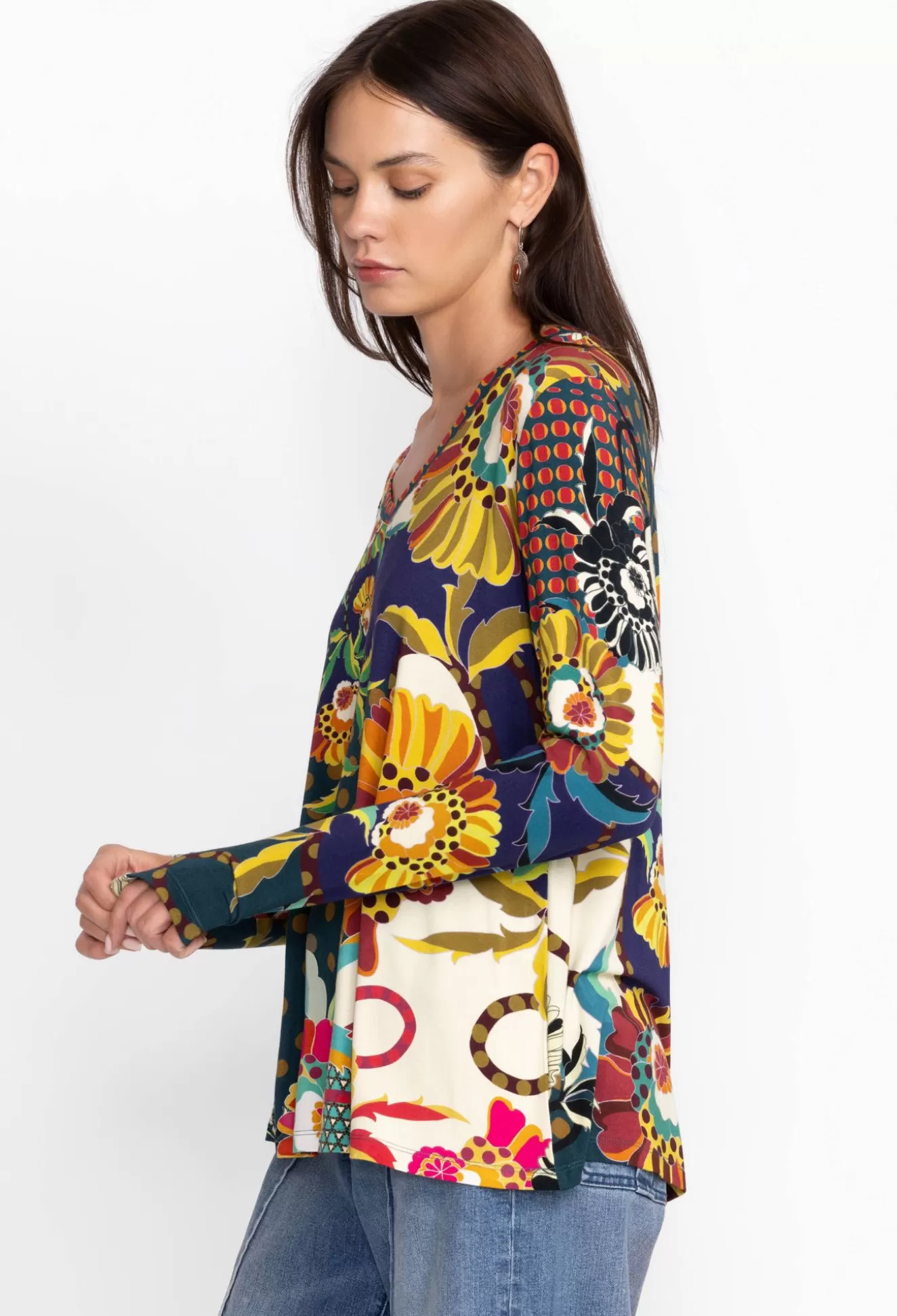 Tops>Johnny Was The Janie Favorite Long Sleeve V-Neck Swing Tee Kimbra