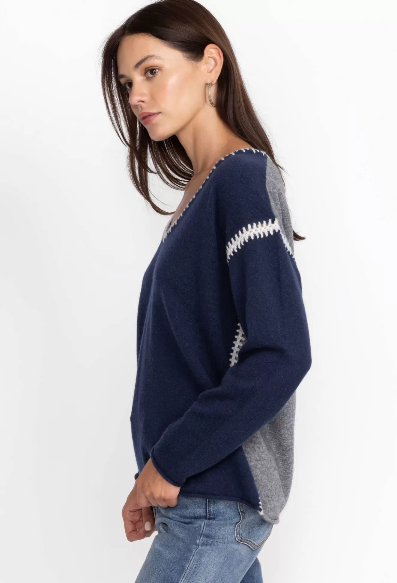 Tops>Johnny Was The Whipstitch V Neck Pullover - Color Block Navy