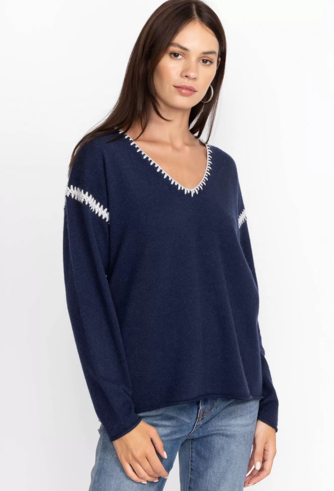 Tops>Johnny Was The Whipstitch V Neck Pullover - Color Block Navy