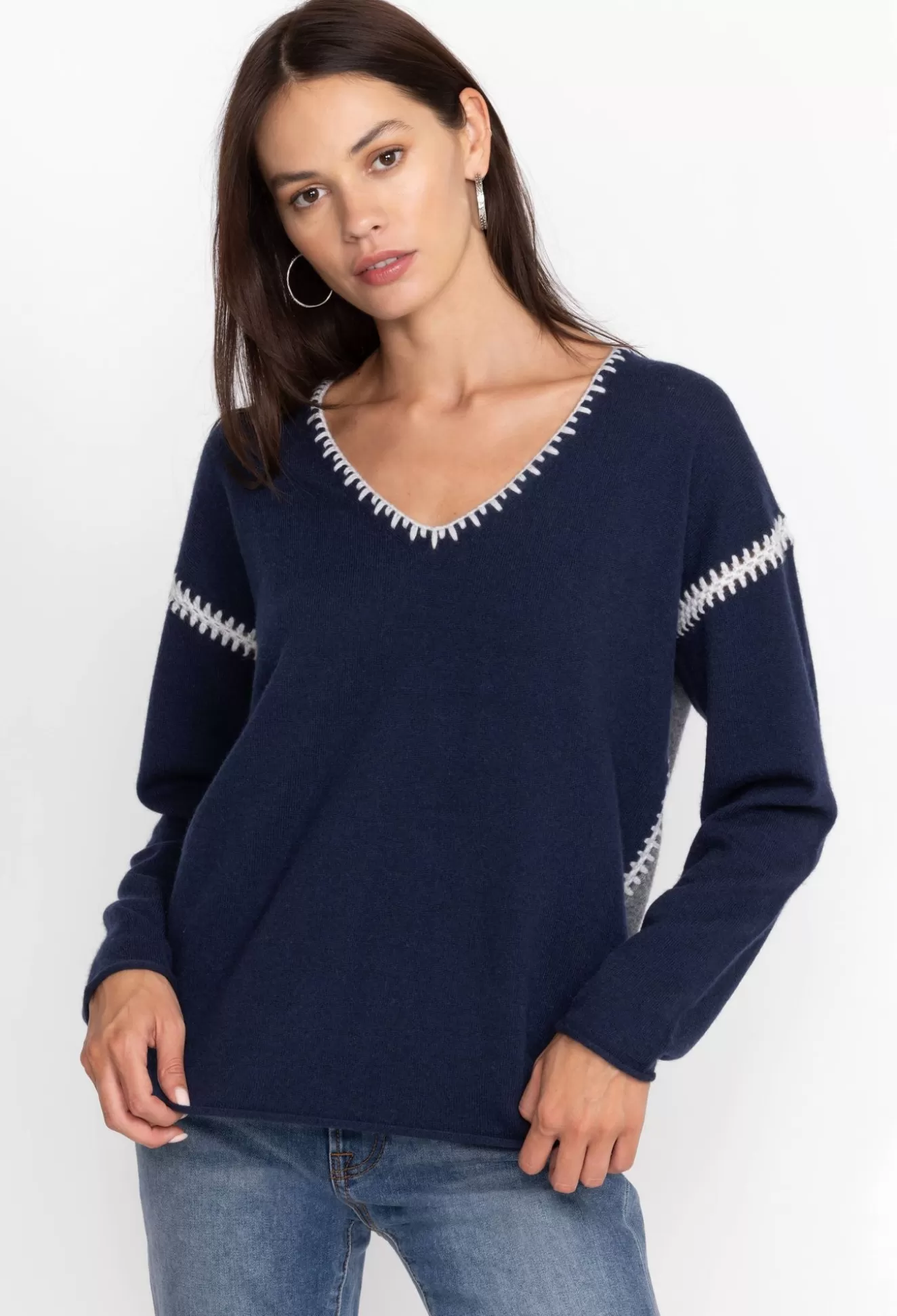 Tops>Johnny Was The Whipstitch V Neck Pullover - Color Block Navy