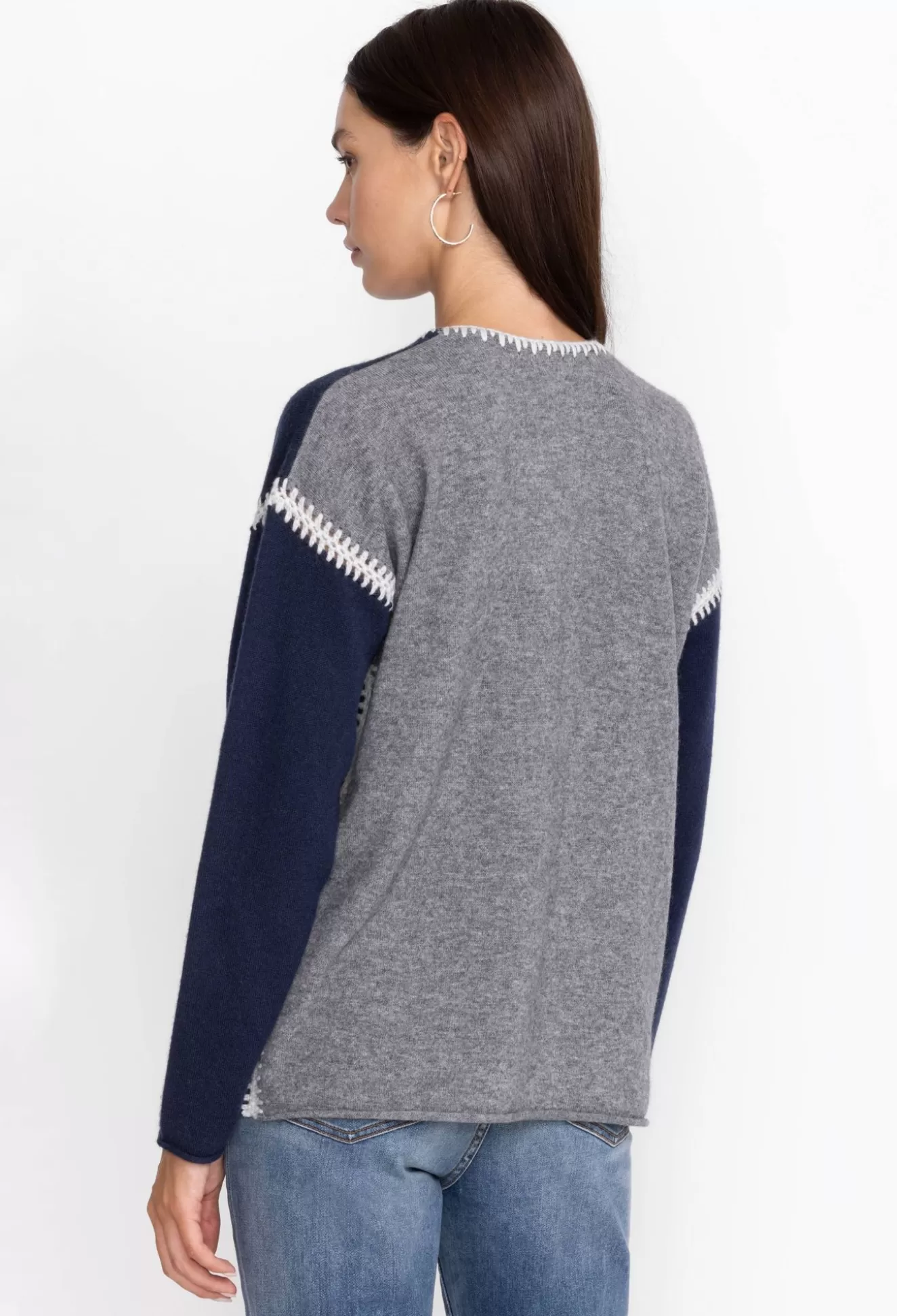 Tops>Johnny Was The Whipstitch V Neck Pullover - Color Block Navy