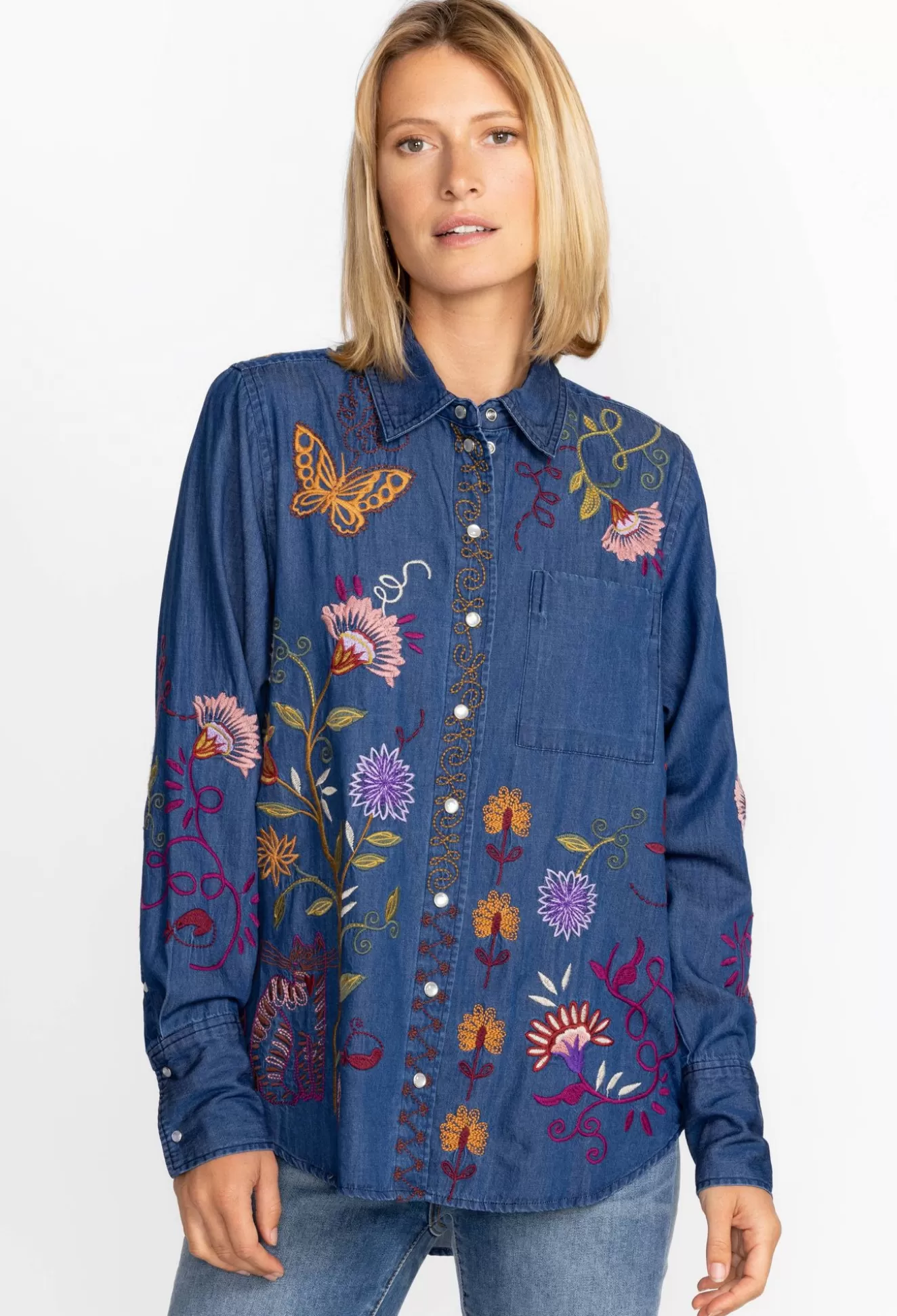 Tops>Johnny Was Toni Relaxed Denim Pocket Shirt Denim Blue