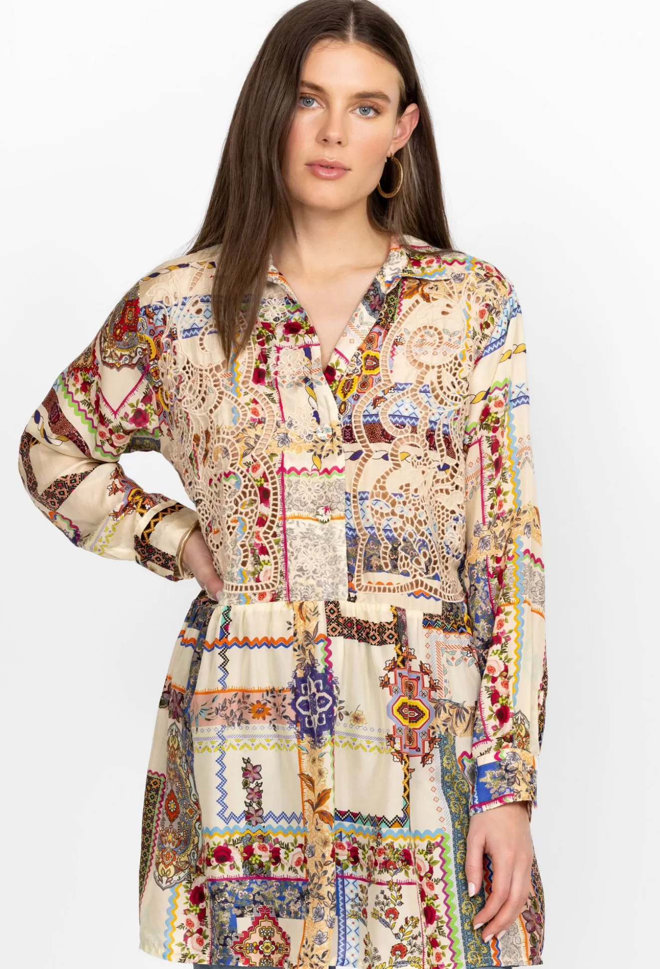 Tops>Johnny Was Toni Smocked Cuff Tunic Stripe