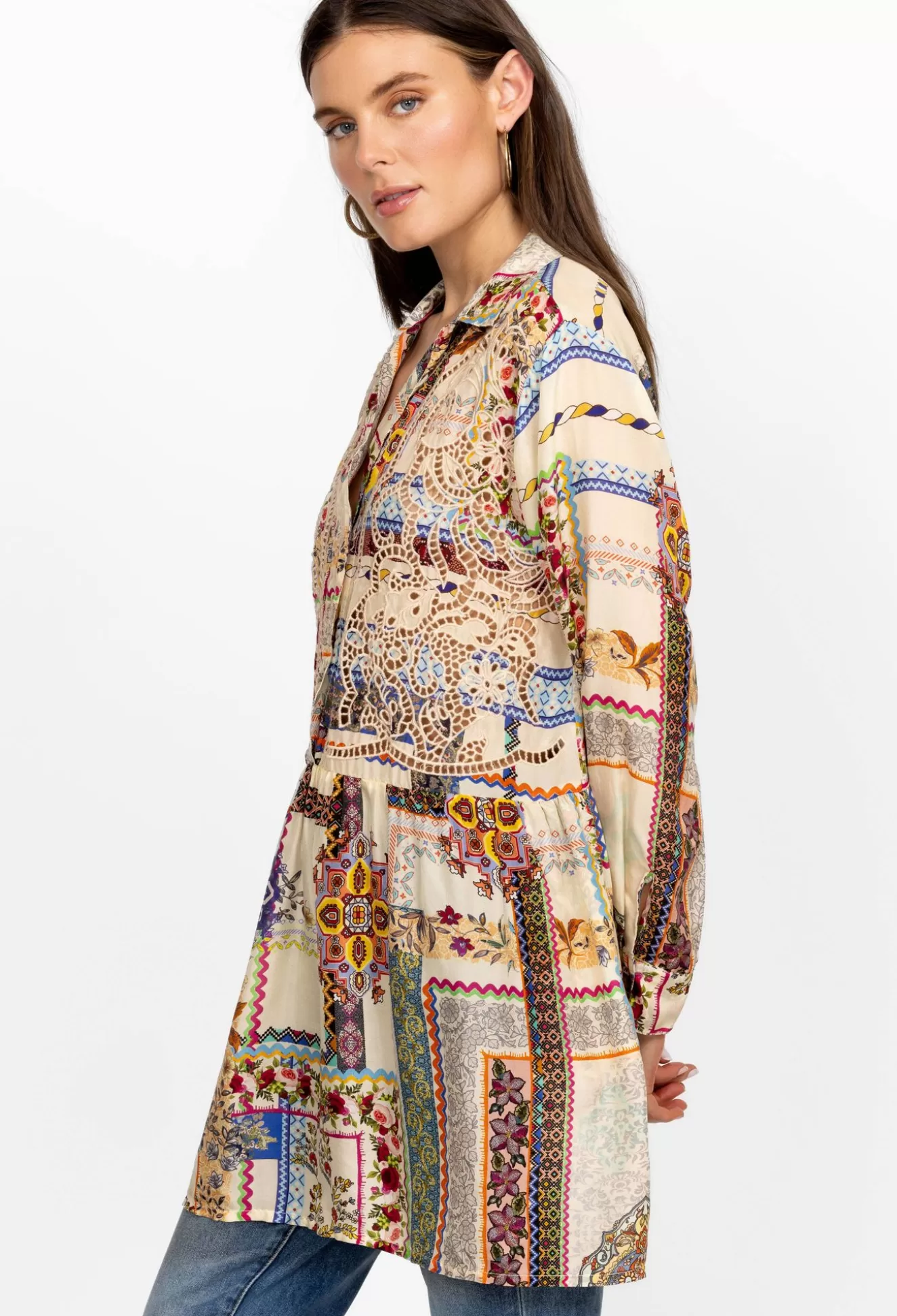 Tops>Johnny Was Toni Smocked Cuff Tunic Stripe