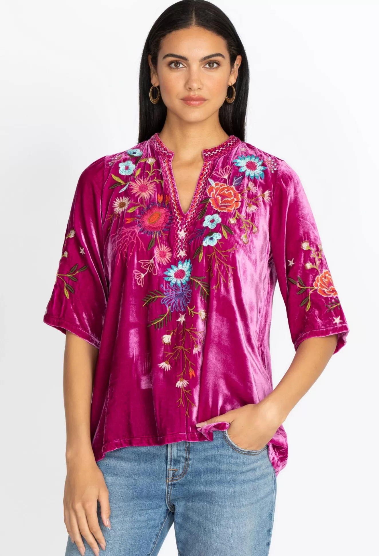 Tops>Johnny Was Ulla Velvet Easy V-Neck Blouse Raspberry