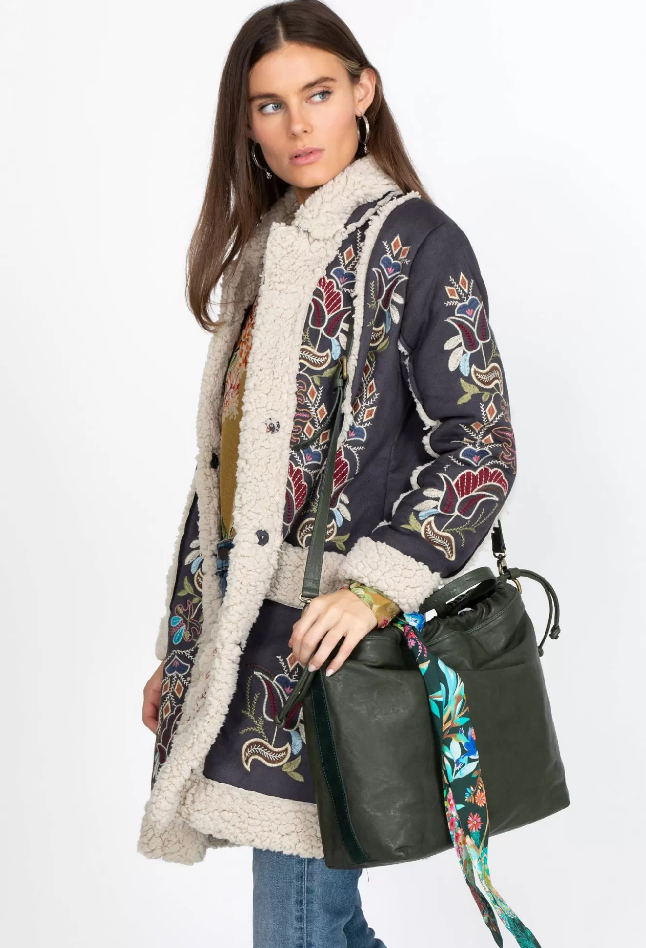 Handbags>Johnny Was Vanessa Italian Leather Shopper Forest