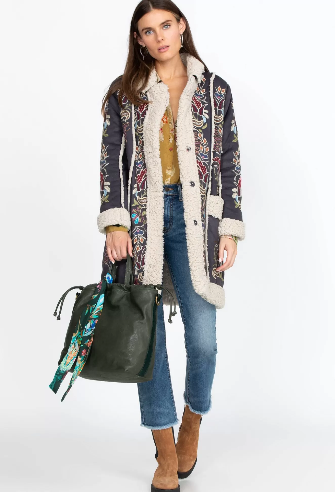 Handbags>Johnny Was Vanessa Italian Leather Shopper Forest