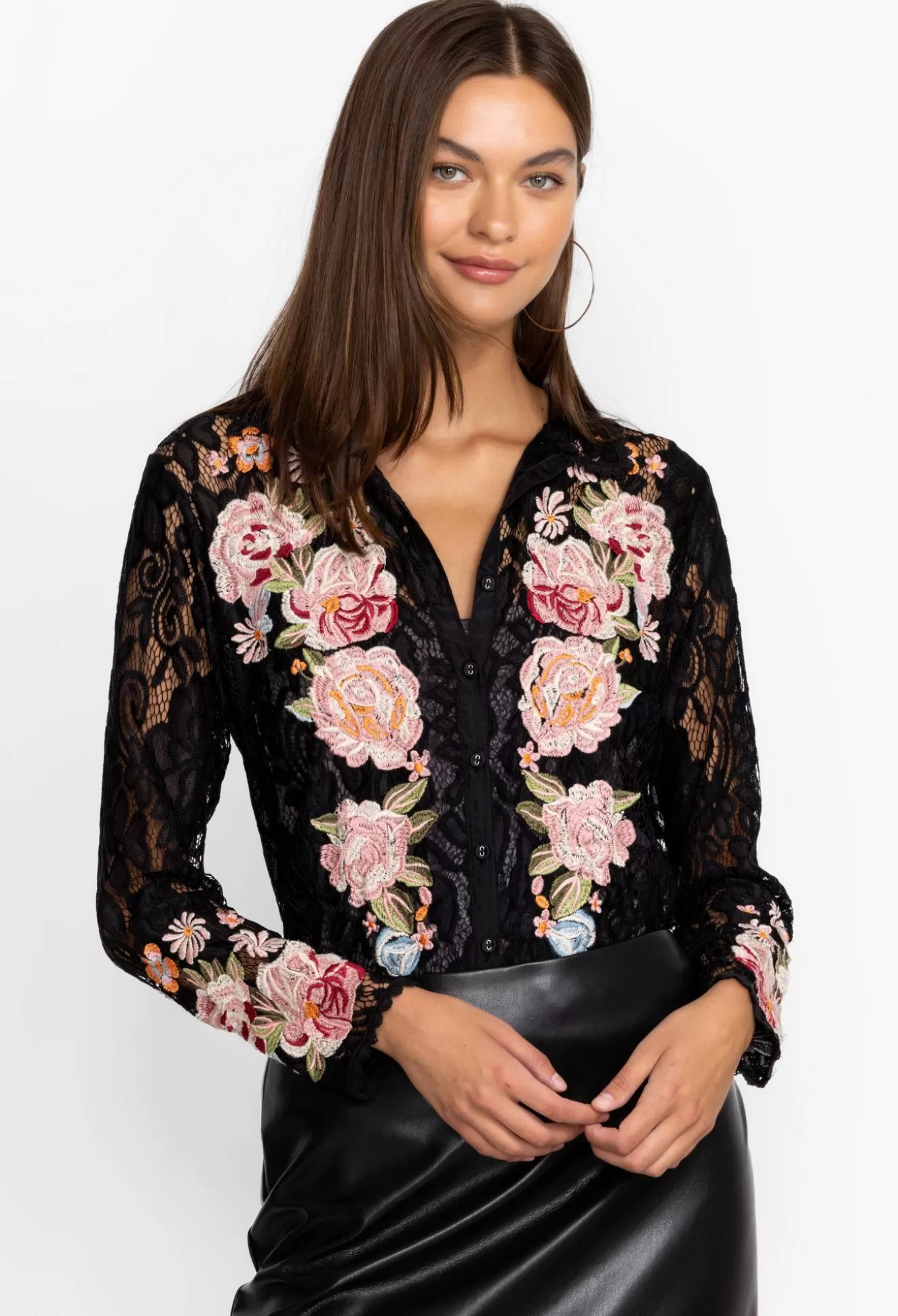 Tops>Johnny Was Veronne Lace Blouse (Slip) Black