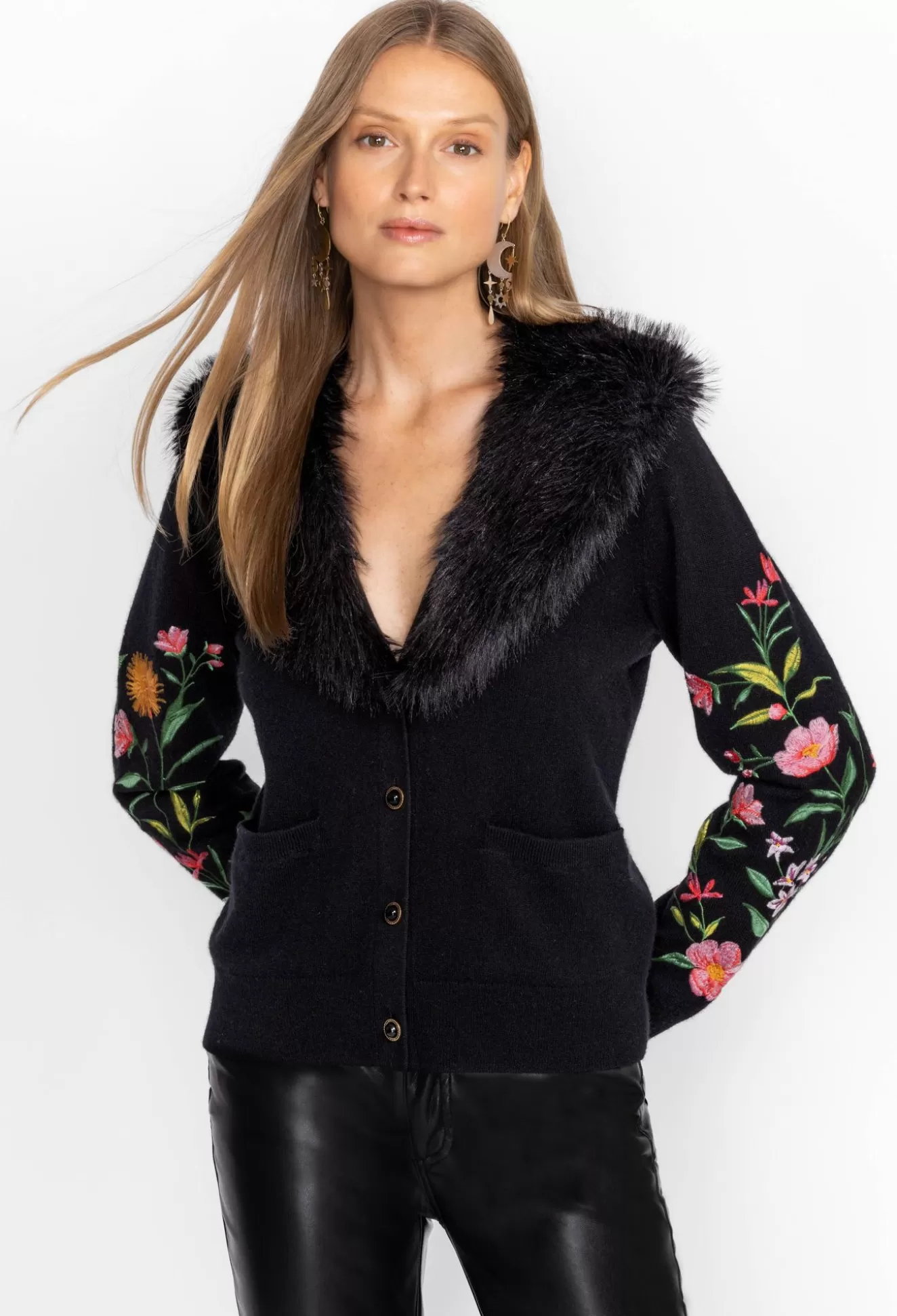 Outerwear>Johnny Was Vista Faux Fur Collar Cardigan Black