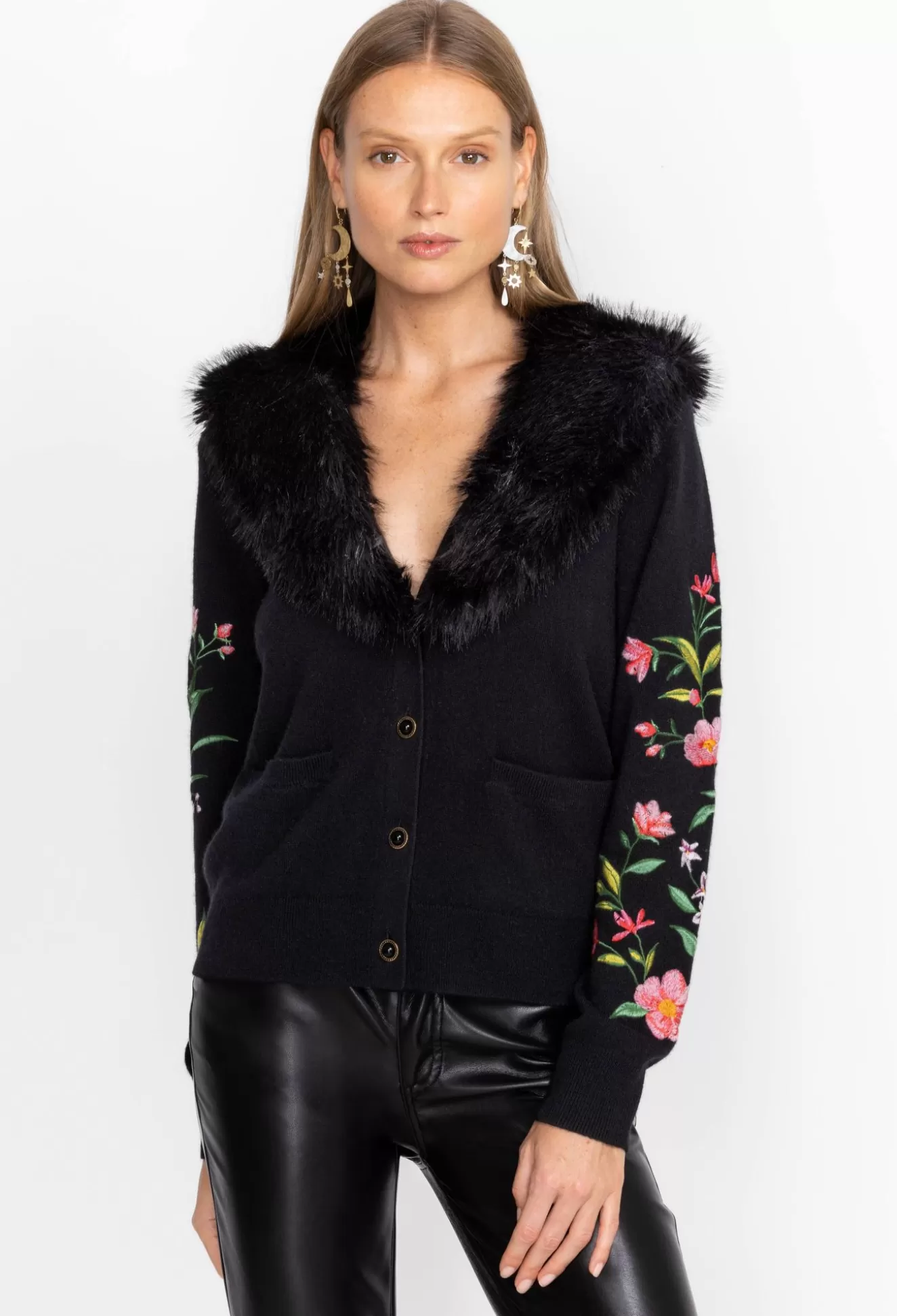 Outerwear>Johnny Was Vista Faux Fur Collar Cardigan Black