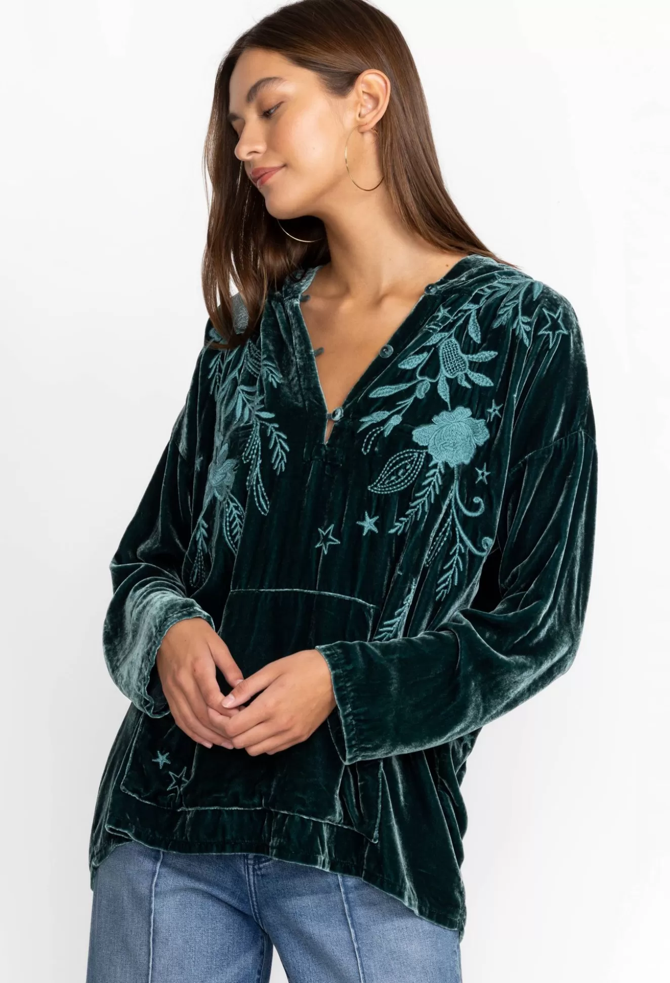 Outerwear>Johnny Was Wmns Frankie Velvet Pull On Hoodie Ponderosa Pine